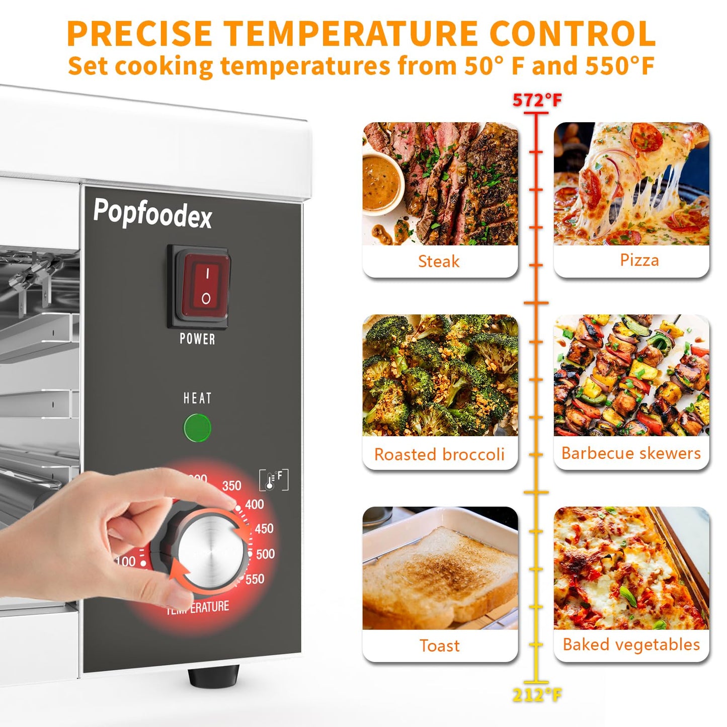 Popfoodex Salamander Broiler, 1500W Electric Cheese Melter w/ 550°F Heating and Stainless Steal Body, Commercial Broiler w/Removable Crumb Tray, Salamander Grill For Pizza, Grill Steaks, Sandwiches
