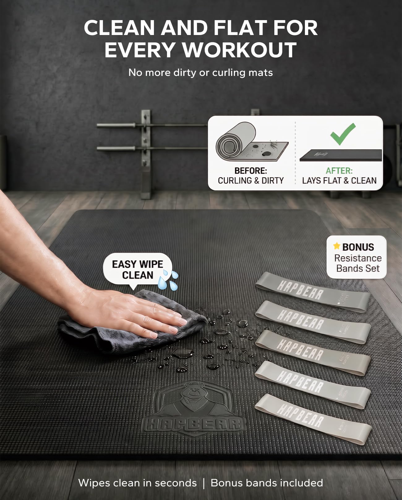 HAPBEAR Extra Large Exercise Mat - 7'x5'x8mm (1/3 Inch), Non-Slip, Ultra Durable, Thick Workout Mat for Home Gym Flooring Cardio, Yoga, Fitness, High-Density, Shoes-Friendly