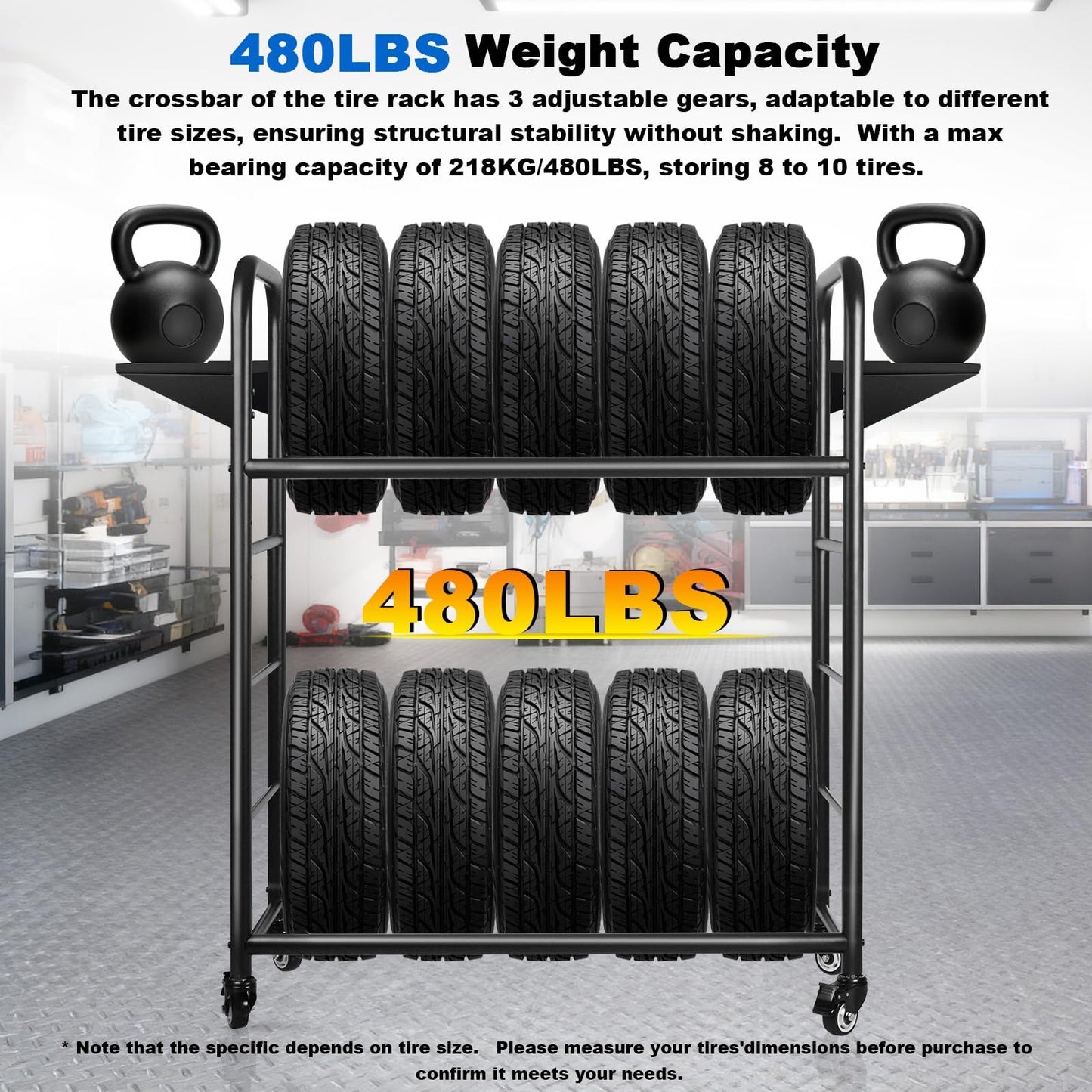 Togarhow Tire Rack, 59 x 57 x 20 Inches Garage Tire Storage Stand with Storage Tray 218KG/480LBS Capacity, 2 Storage Shelf & 4 Swivel Casters Rolling Tire Storage Rack, Black