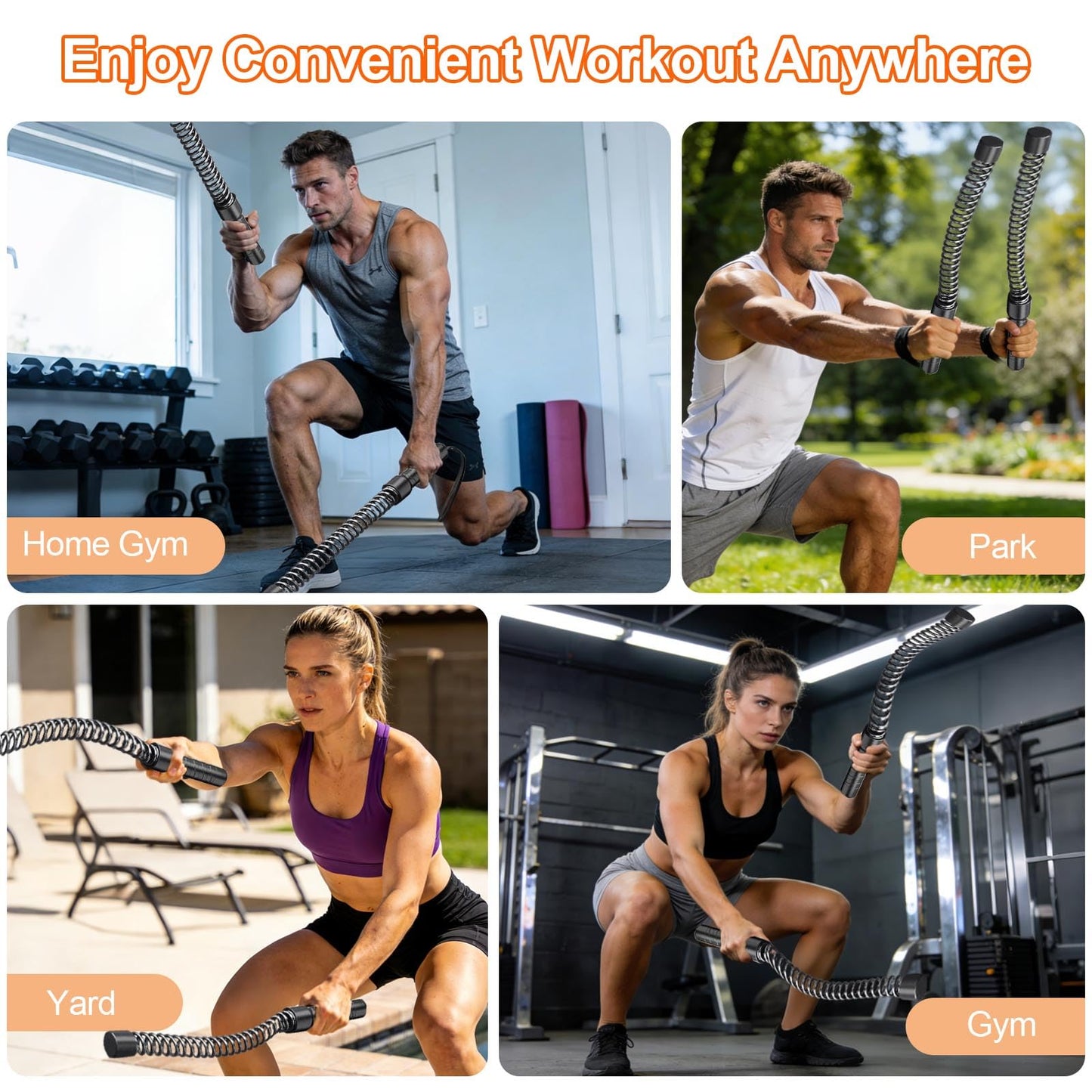 4 Pack Ropeless Battle Ropes for Home Gym, Portable Cordless Battle Ropes for HIIT and Low-Impact Aerobic Training, Versatile Exercise Equipment for Home and Travel for Men Women