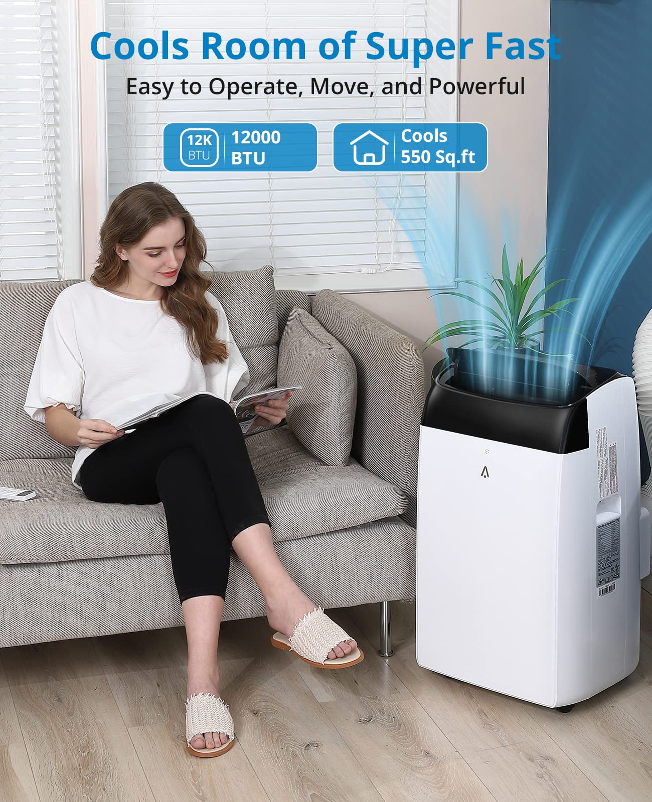 12000 BTU Portable Air Conditioner, Cools up to 550 sq.ft, 3-in-1 AC Unit with Cooling, Dehumidifier & Fan, Quiet Portable AC with Remote Control, 24H Timer, Sleep Mode, Easy Installation, White