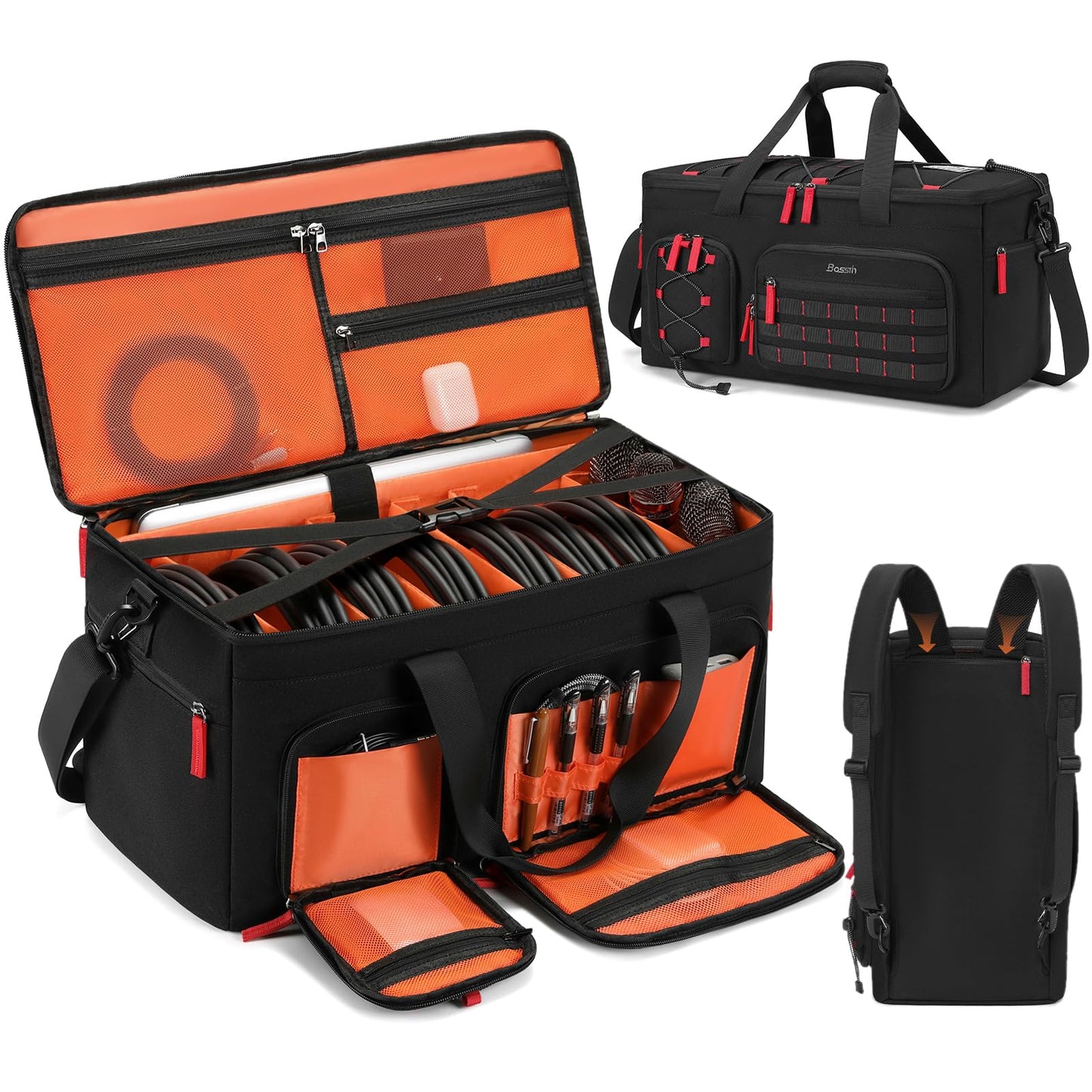 DJ Cable Gig Bag for Equipment, DJ Cable Organizer Backpack with Detachable Dividers and Padded Bottom, DJ Mixer Bag for Music Gear Accessories with 15.6'' Laptop Compartment (Black)