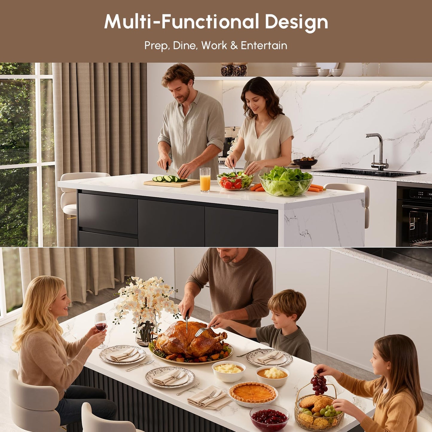 homary Kitchen Island with Storage & Wine Rack, 72" Modern Black Kitchen Cabinet with Wood Top, Large Fixed Island with 3 Drawers & 6 Adjustable Shelves, Without Bar Stools