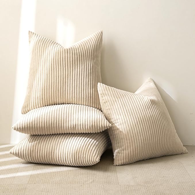 MIULEE Boho Farmhouse Throw Pillow Covers 20x20 Inch Set of 4 Mordern Nordic Cushion Covers Soft Corduroy Spring Home Decor for Couch Bed Sofa Living Room Beige