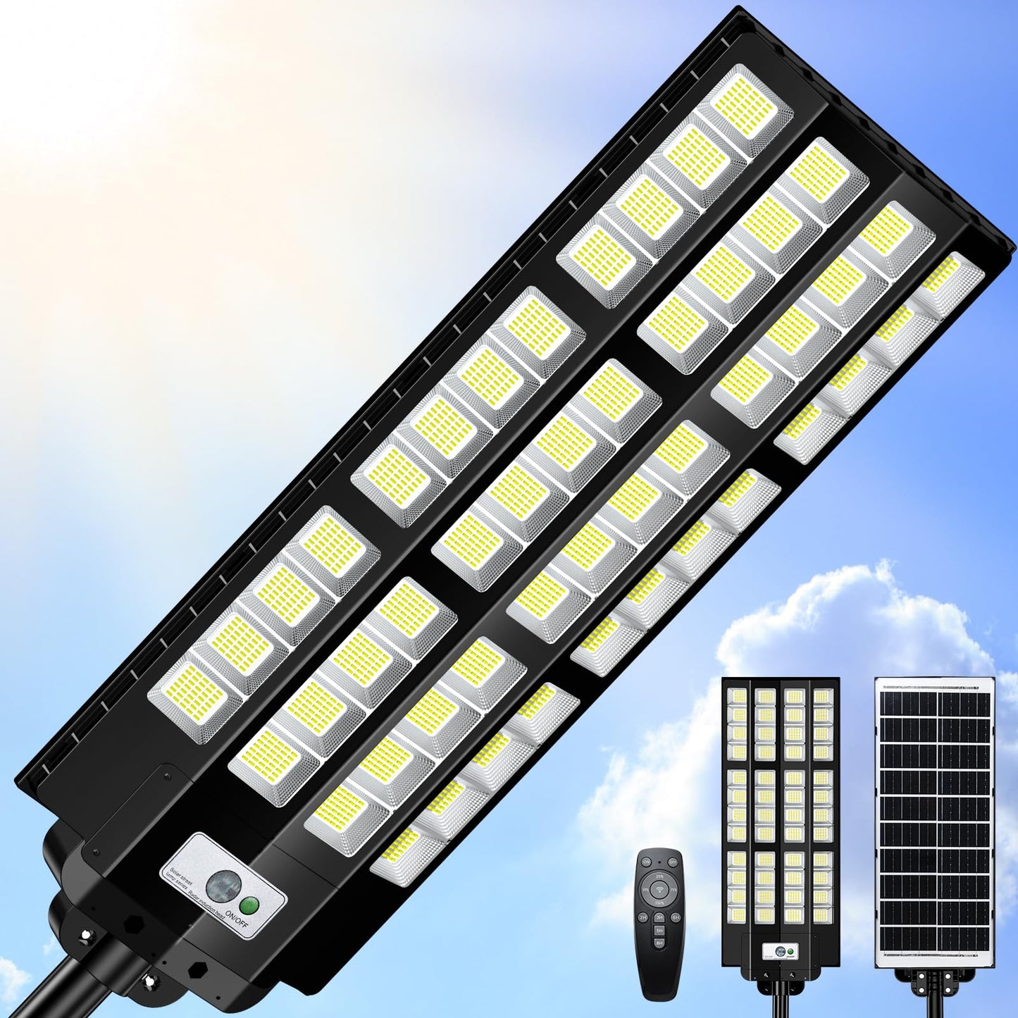 pqins 12000W Solar Street Lights Outdoor Waterproof, Large Solar Parking Lot Light Dusk to Dawn with Radar Motion Sensor and Remote Control, Pole or Wall mounted, for Outside Yard Driveway Barn Garage