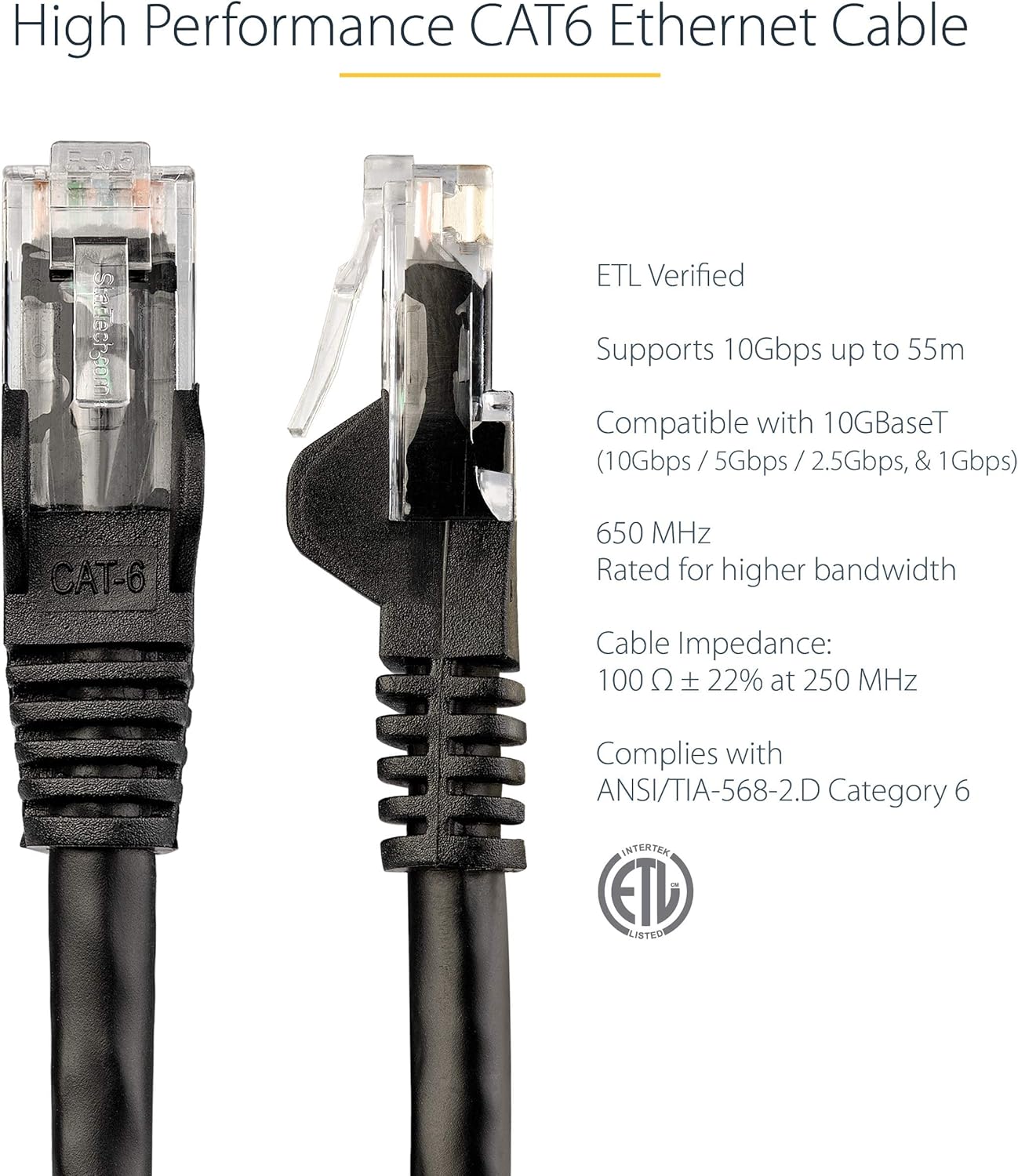 1ft CAT6 6 -250Mhz 100W RJ45 (N6PATCH1BK) StarTech Ethernet Cable - Black CAT Gigabit Ethernet Wire PoE UTP Network