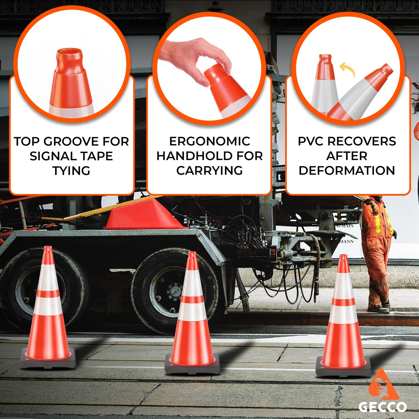 GECCO ™ (6 Pack) 28 Inch 7 Lb Heavy Duty Orange Traffic Cones Set | Durable Safety Cones, Orange Cones, Parking Cones, Construction Cones, Road Cones | PVC Plastic & Black Base - [PRO Series]
