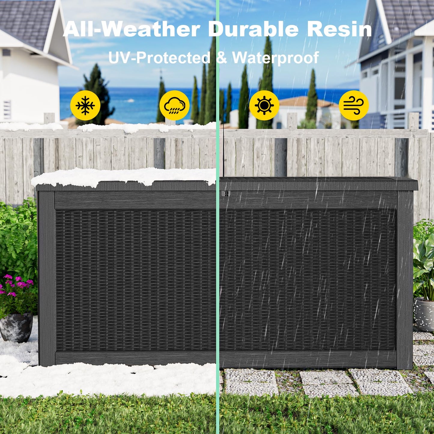 KFY 320 Gallon Waterproof Outdoor Storage Box, UV Resistant Resin Deck Box with Hydraulic Rod for Reinforced Stability, Perfect for Patio, Garden, and Pool（Black，320 Gallon）