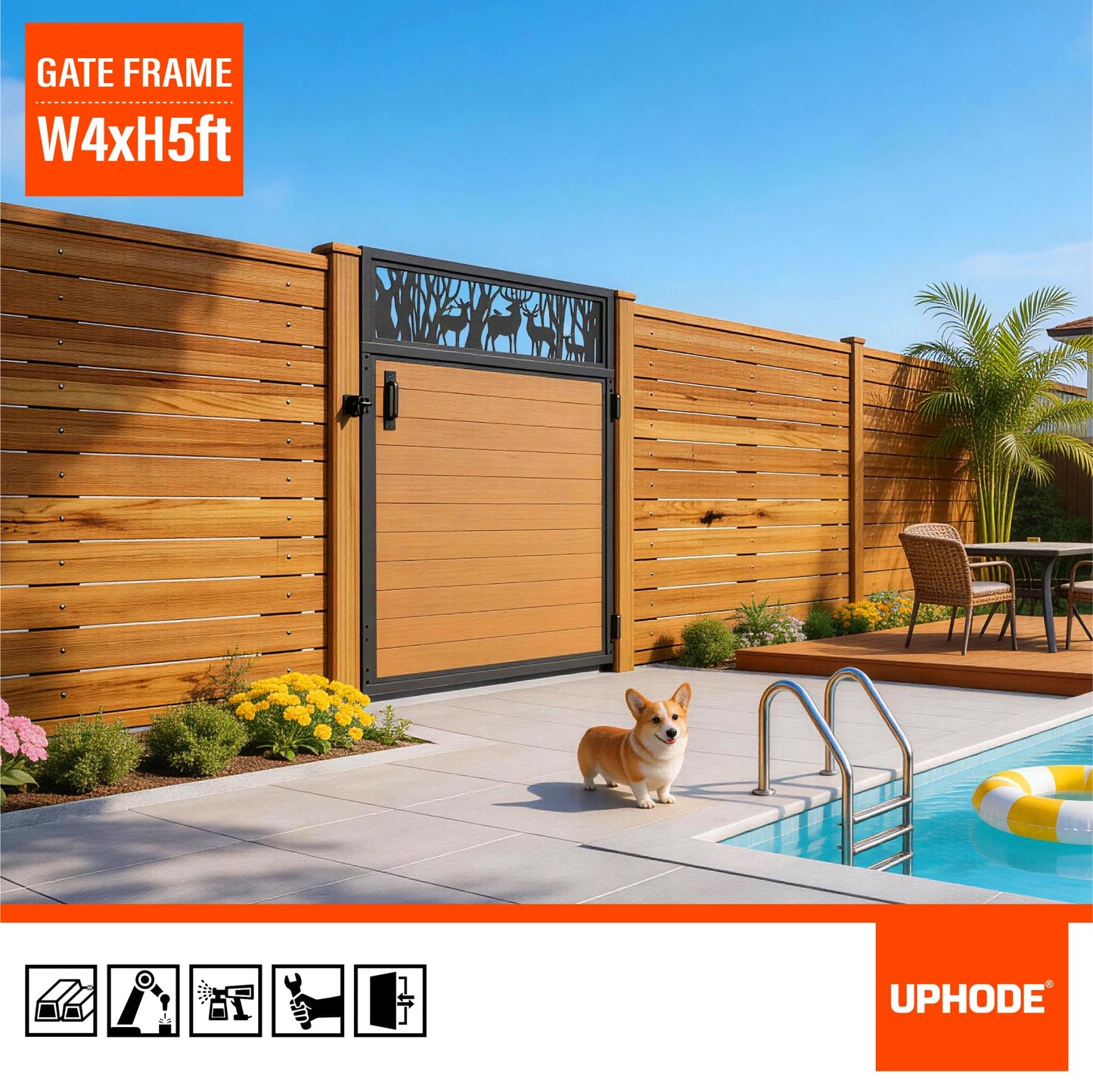 Uphode 4x5FT(46.8" x 59") 201 Stainless Steel Fence Gate Kit Heavy Duty, Anti Sag Metal Fence Gate Frame Kit with Aluminum Board, Morden Garden Gate Hardware Kit Outdoor (Left/Right Free-Installation)