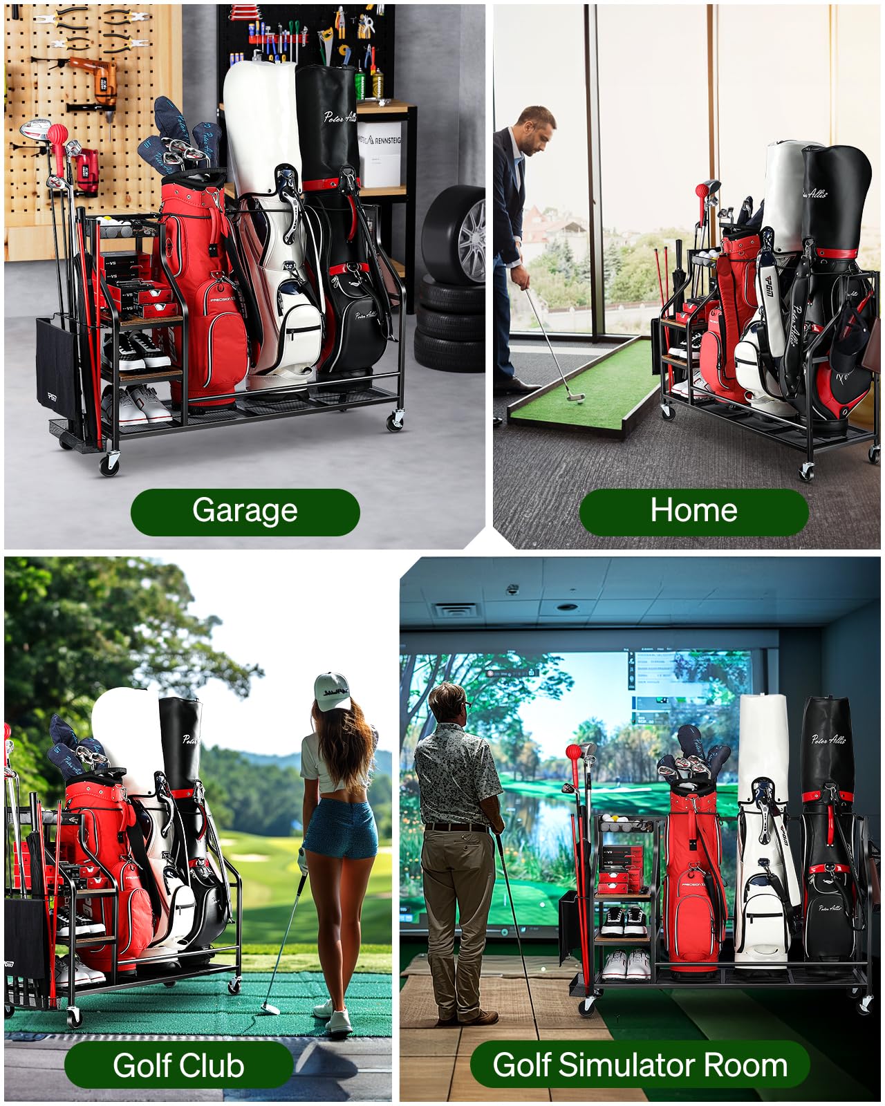 FHXZH Golf Bags Storage Garage Organizer Golf Bag Stand for Golf Bags, Clubs, Balls, Golf Equipment Accessories, Golf Bag Storage Rack with Wheels for Garage, Club, Basement (3 Golf Bag Organizer)