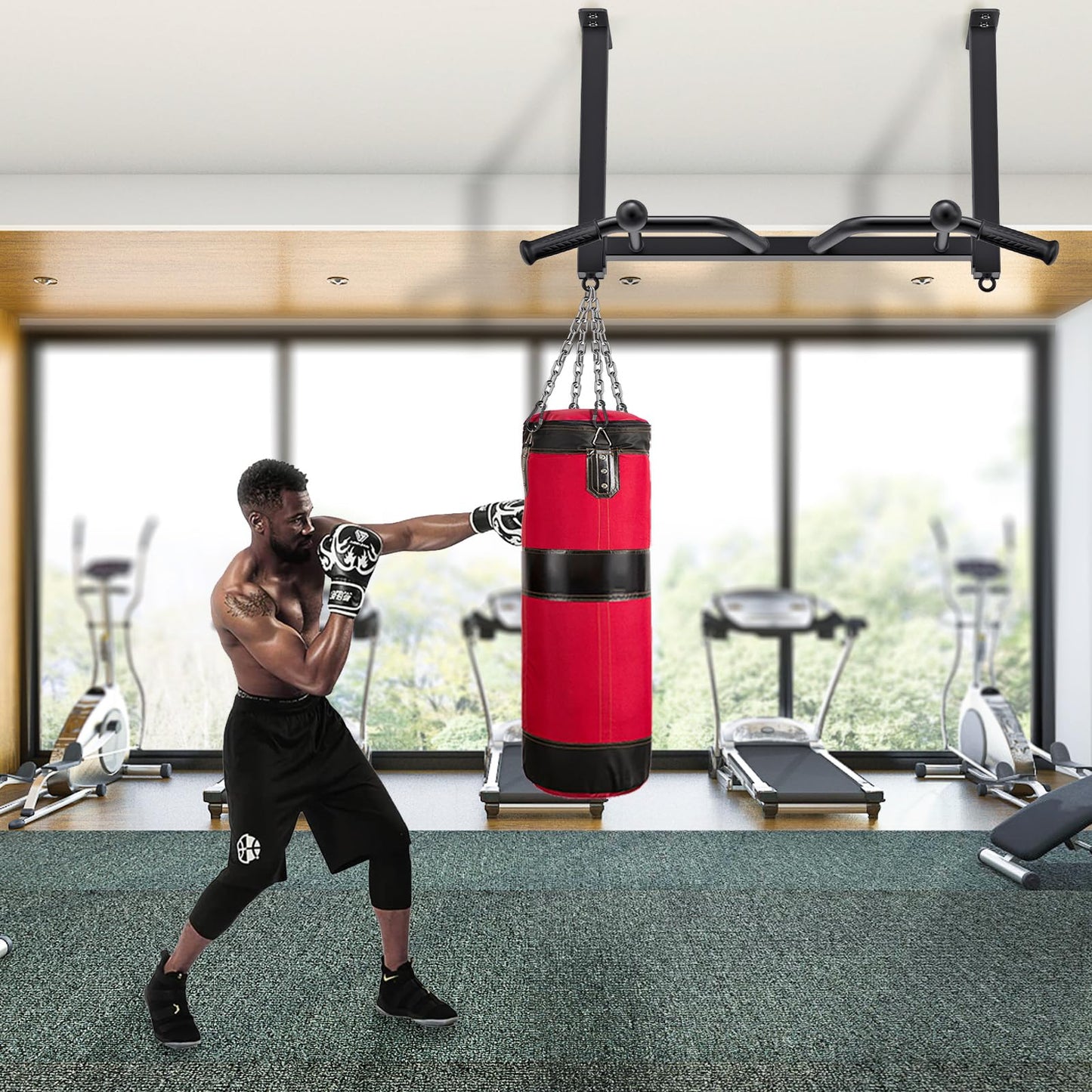 Kipika 32" Ceiling Mounted Pull Up Bar - Heavy Duty, Highly Adjustable, Multifunctional Chin Up Bar - Home Gym System with Punching Bag Hanger and Resistance Bands Training (Ceiling Mounted Pull Up Bar with Ball)