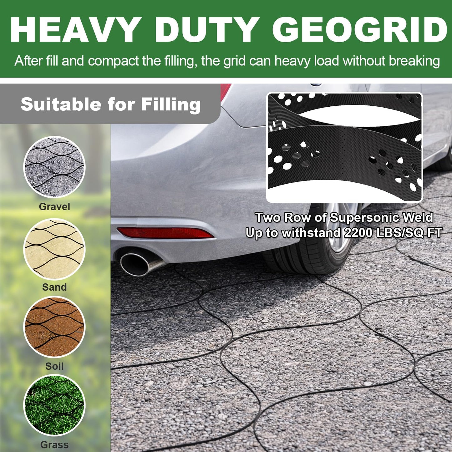 Gravel Grid 2'' Depth with Metal Stakes, 6.6x16.4 FT Geogrid for Gravel Driveway 2200 lbs per Sq FT Erosion Control Ground Grid Gravel Stabilizer Grid for Driveway, Parking Lot, Slope, Walkway, Patio