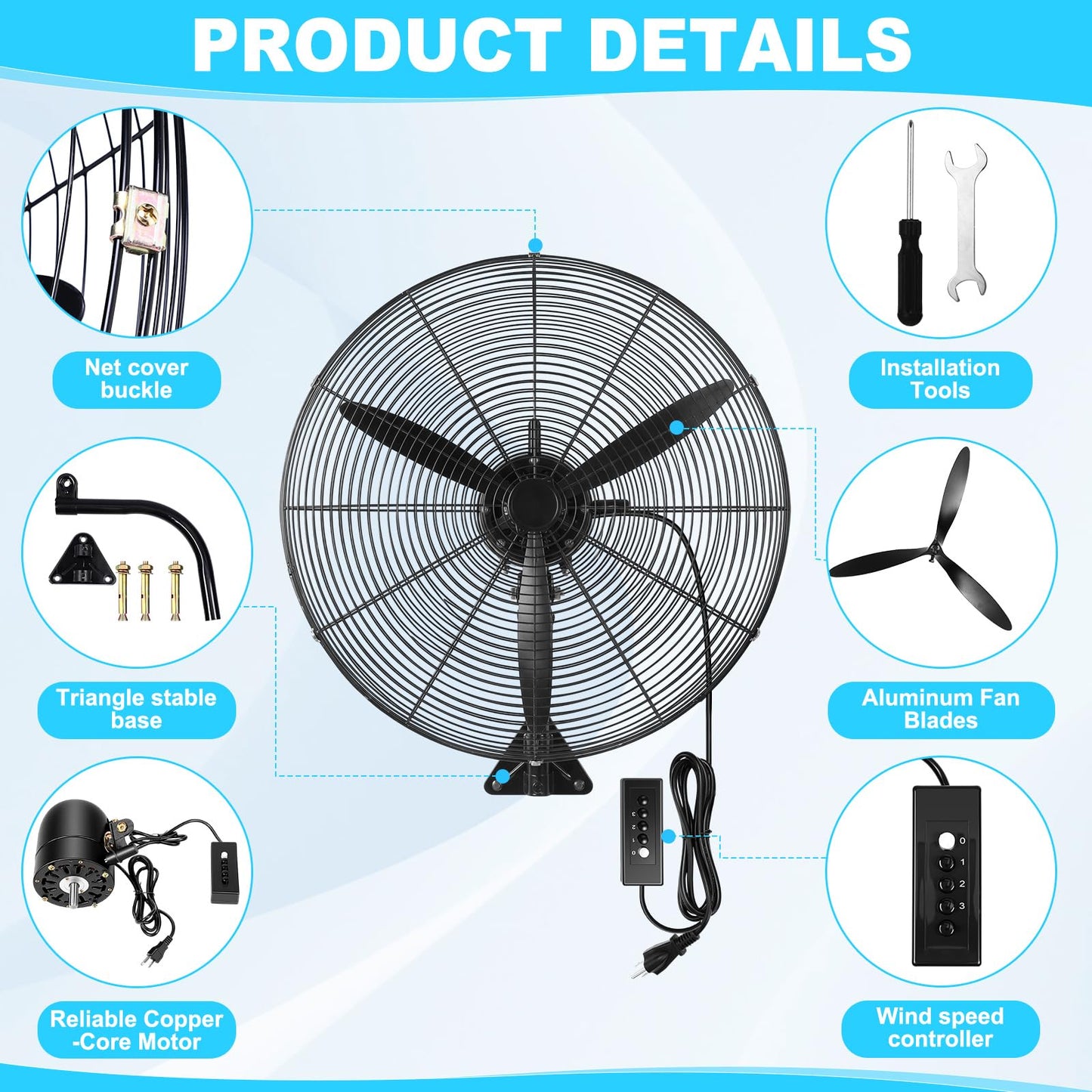 Aurelema 1 Set 27 Inch Industrial Wall Mount Fan Oscillating Heavy Duty Metal 3 Speed Fan, 7500 CFM, with High Velocity Cooling, for Commercial Residential Garage Warehouse Workshops Factory
