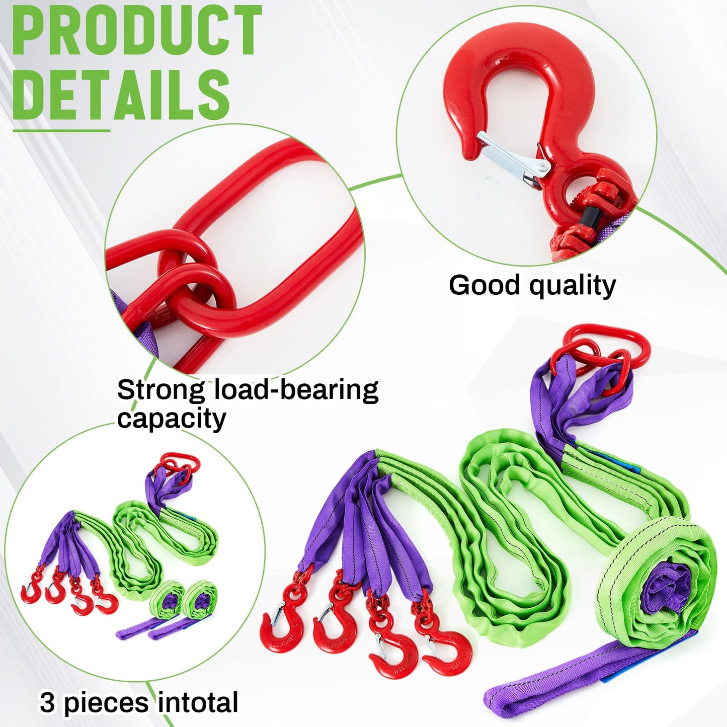 GliCraft 3 Pcs 6.6 ft Polyester Lifting Straps Set - Four Leg Bridle Web Sling & 2 Endless Round Slings Rigging Straps for Hoist, Engine, Crane, Machinery Moving & Tree Stump Removal 6600 lbs Capacity