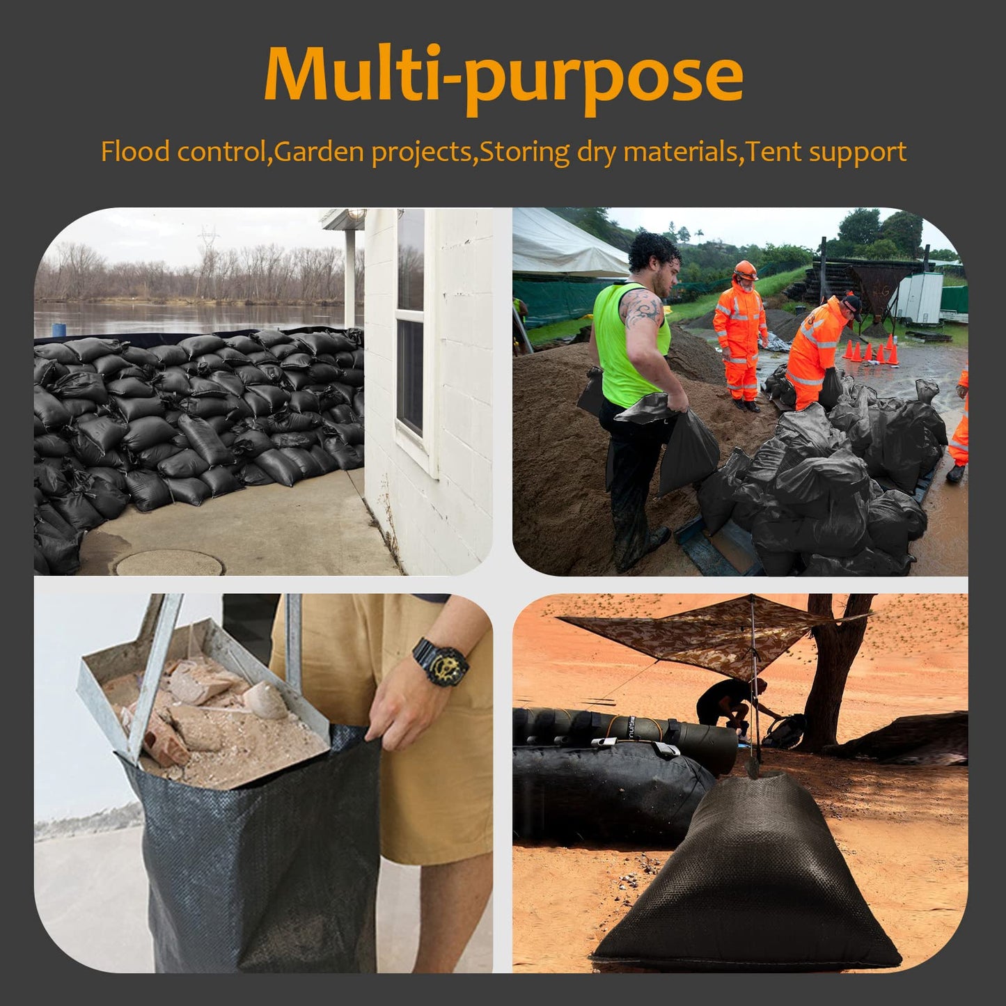 ASKIZ Heavy Duty Sand Bags with UV Protection - 16" x 25.5" Ultra Tough Polypropylene Sandbags for Hurricane Flooding (Black 100 Bags)