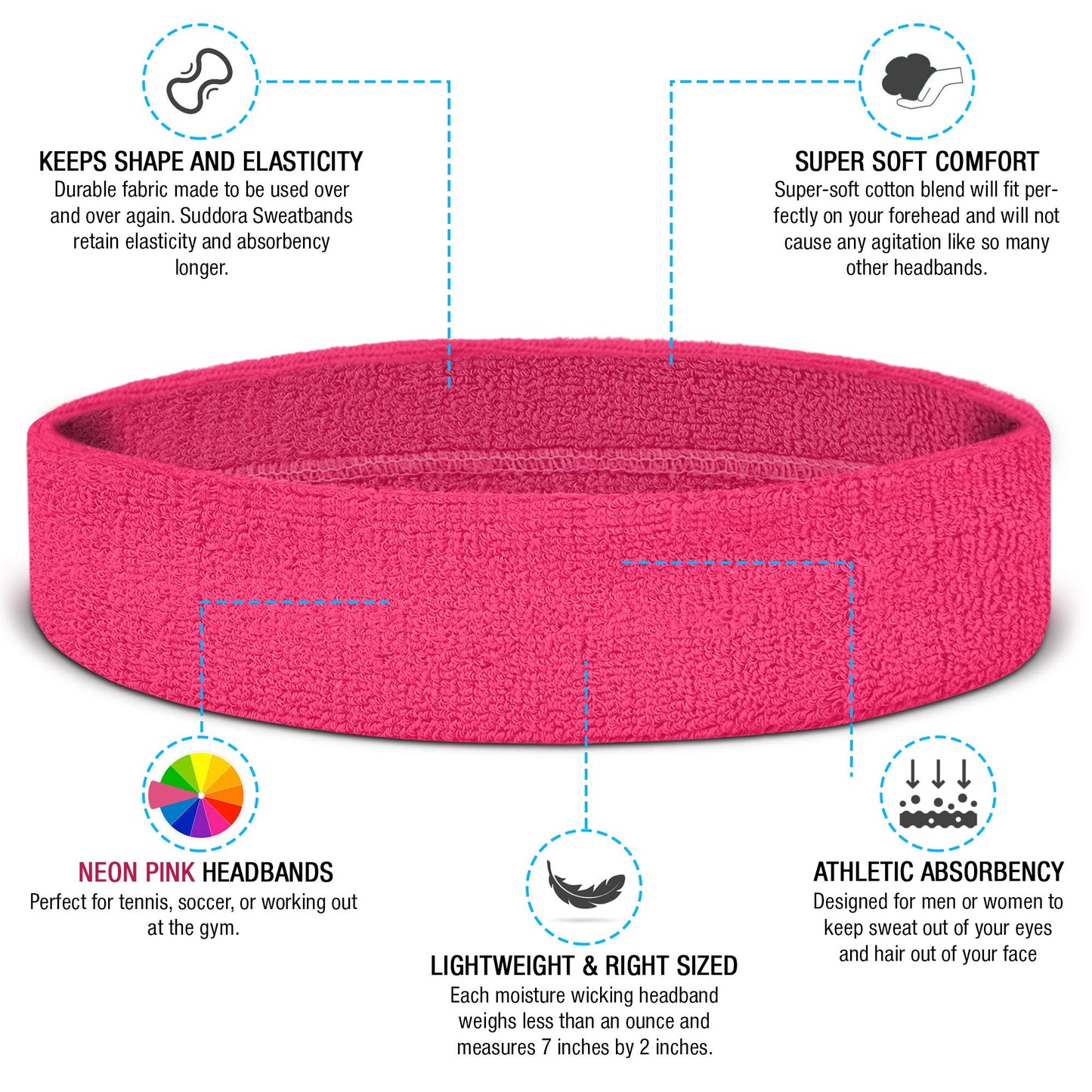 Suddora Workout Headband for Men and Women, Moisture-Wicking Atheltic Sweatband, Lightweight Cotton Terry Cloth Bands for Basketball, Tennis, Football, Gym, Running, Cosplay & Costumes, Neon Pink