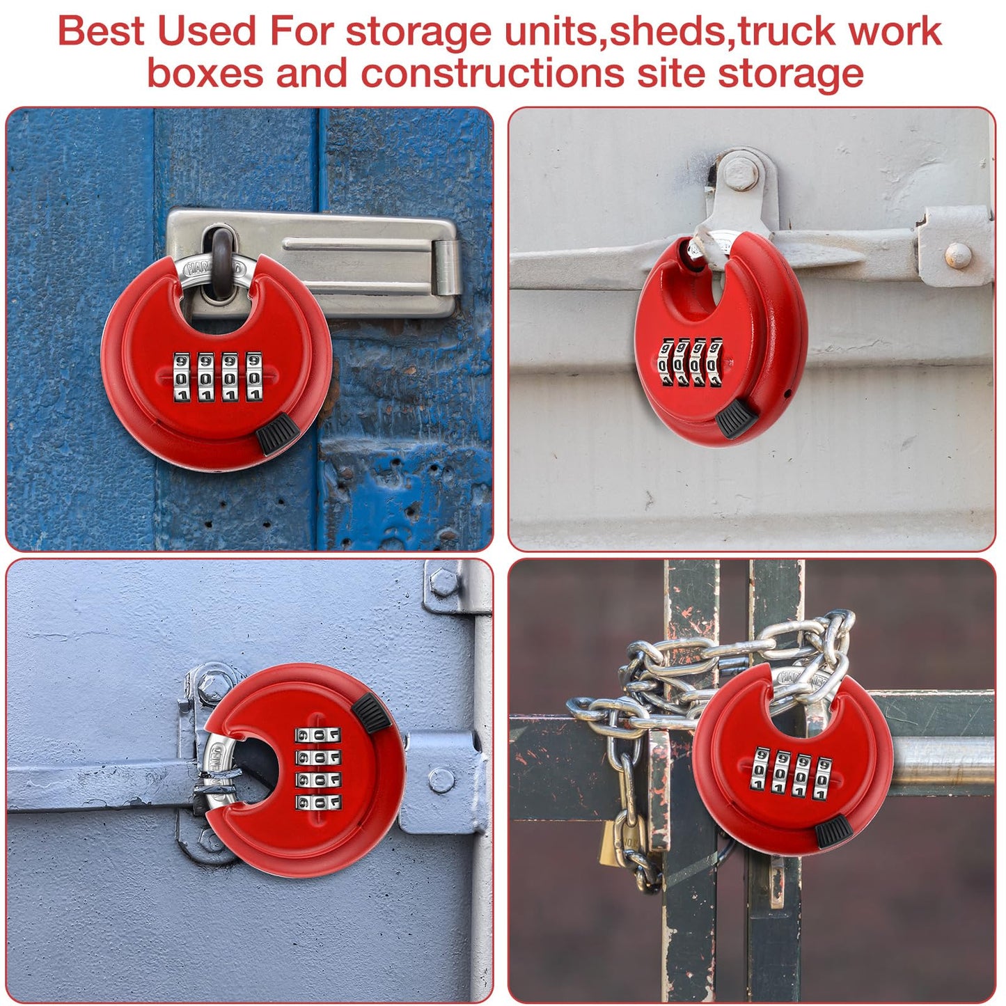 Maitys 10 Pack 4 Digit Combination Locks Stainless Steel Code Disc Lock Combo Padlock with Hardened Steel Shackle for Sheds Locker Storage Unit Gym Fence Gate Outdoor Indoor, Round (Red)