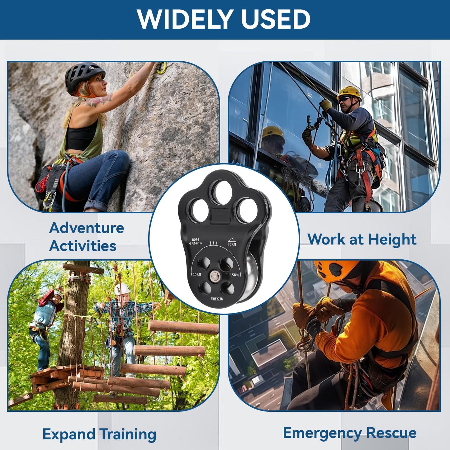 Climbing Pulley Climbing, 30KN Three Hole Side Plate Pulley Rope Climbing Pulleys for Rope, Rock Climbing, Rappelling, Zipline Sports, Compatible with up to 0.5in Ropes