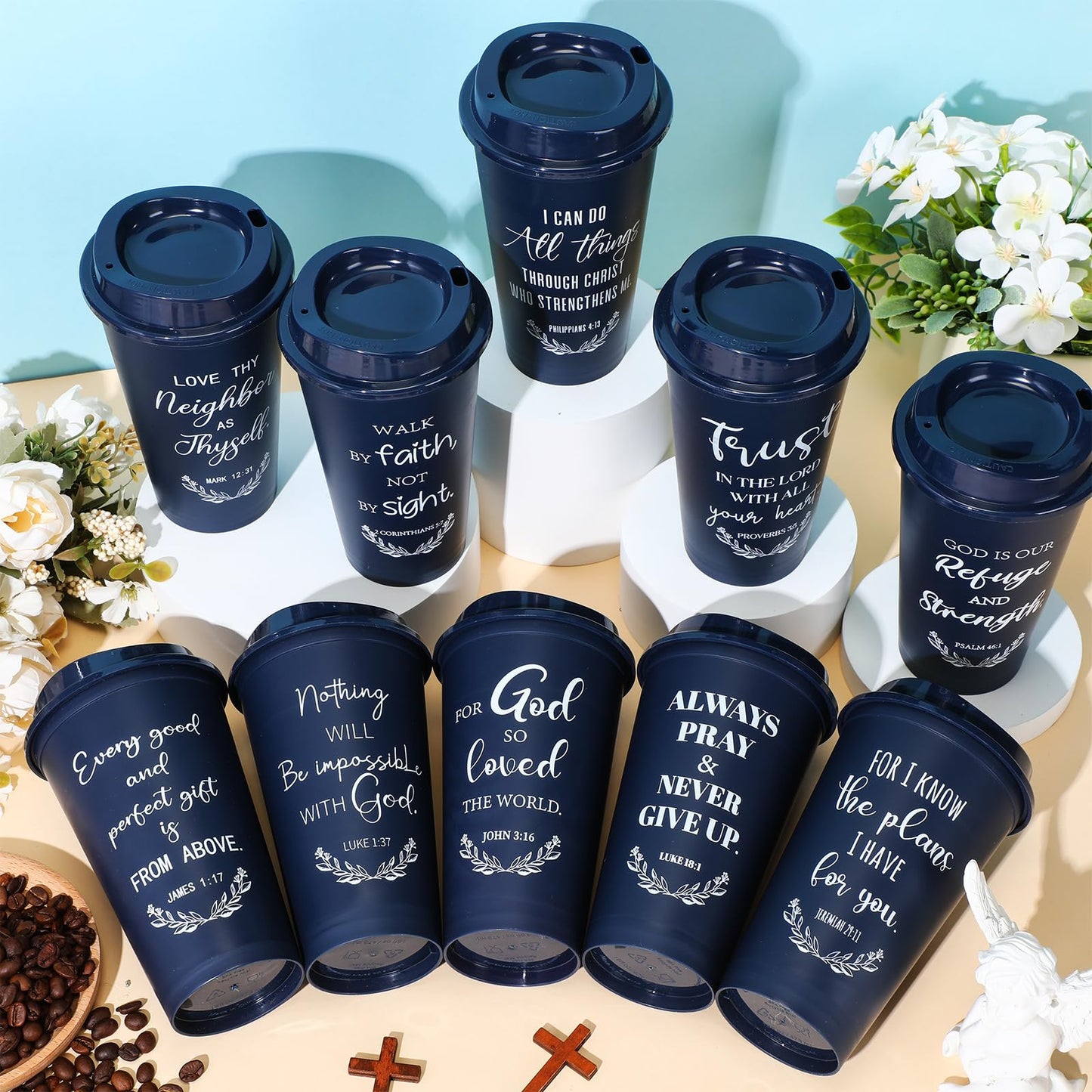 Skylety 60 Pack Christian Gifts for Men Women 16oz Reusable Bible Verse Tumbler Bulk Plastic Coffee Cup with Lid Inspirational Religious Church Gift for Mother Father Birthday (Blue)