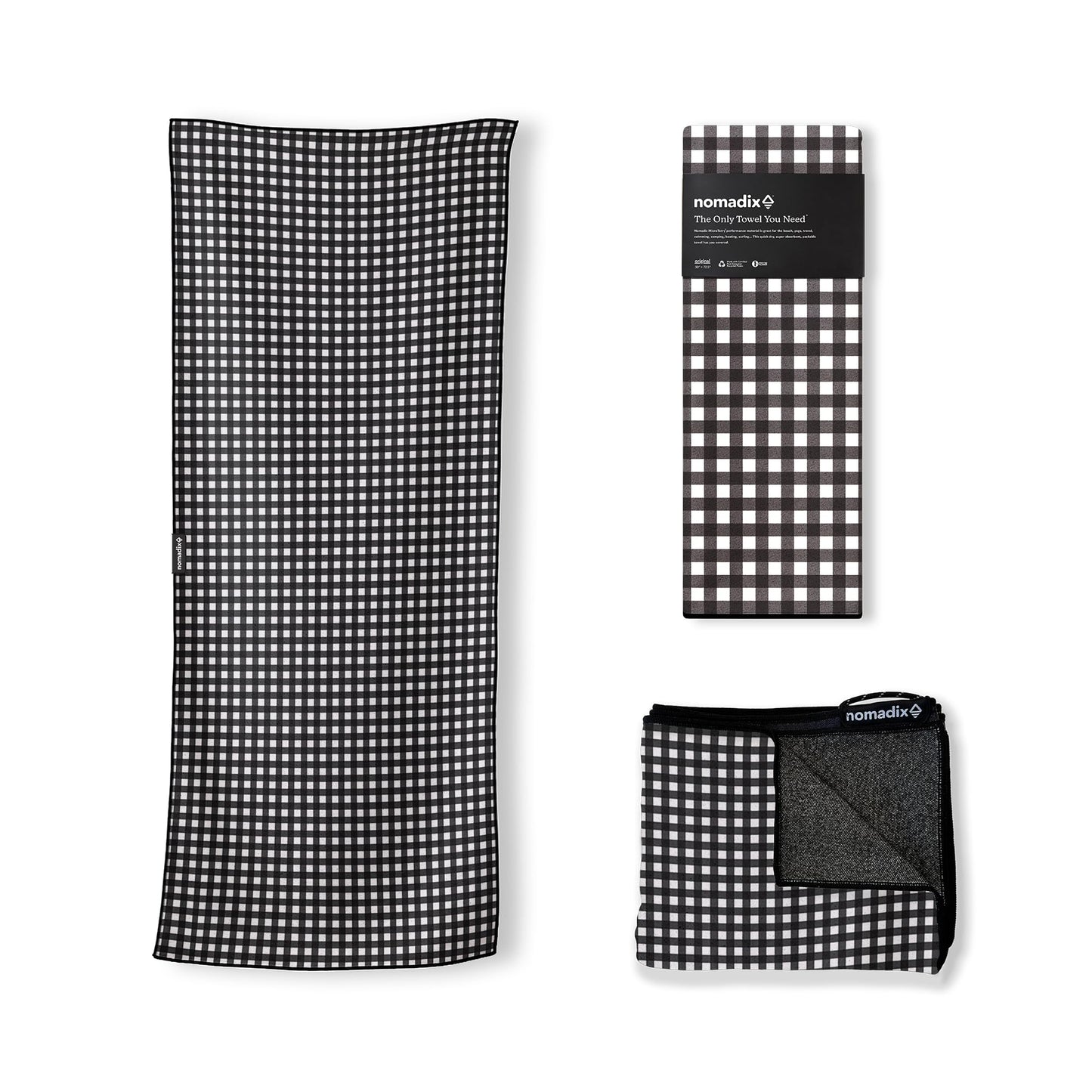 Nomadix Original Towel - Perfect for Beach, Pool, Travel, Camping, Yoga - Made with Recycled Materials - Super Absorbent - Sand Resistant - Gingham Black - 72.5x30