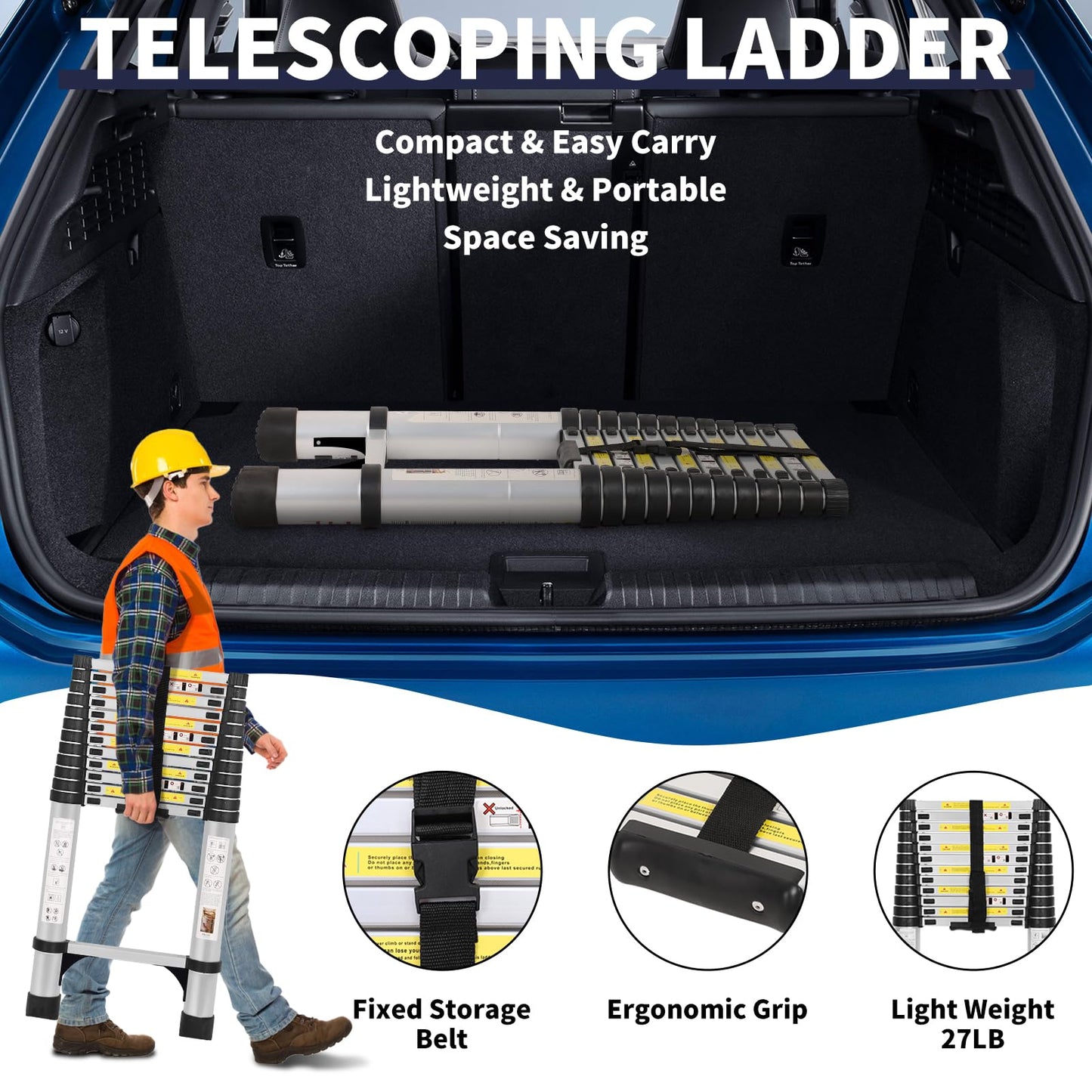 16.5FT Telescoping Ladder with Tool Tray, Extension Aluminum Folding Collapsible Ladder, Telescopic Ladders Foldable Extendable Ladder for Home Homeuse RV Attic Roof