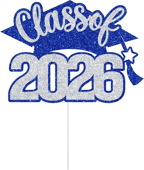 Class of 2026 Cake Topper - Graduation Party Decor | Blue & Silver Glitter High School/College