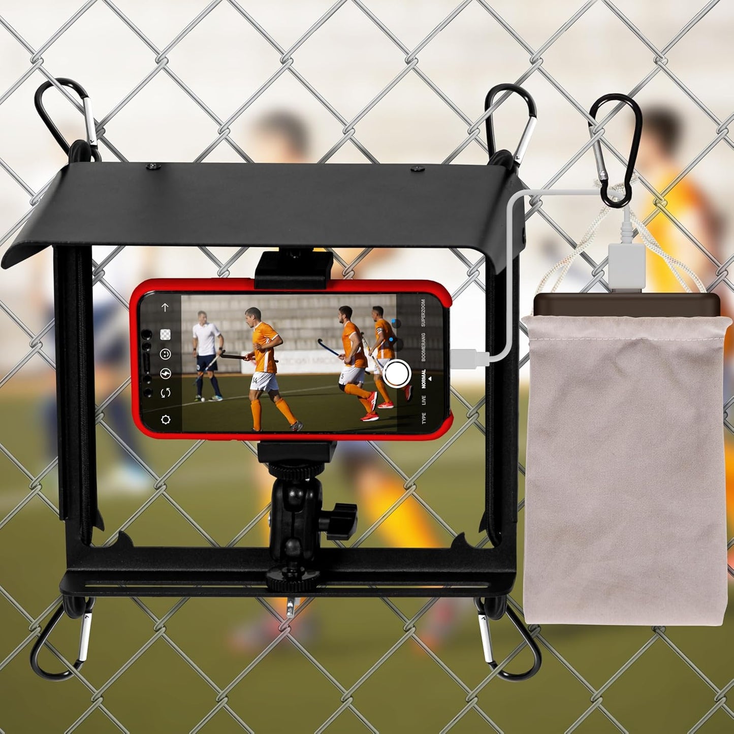 Cell Phone Fence Mount with Sunshade, Aluminum Fence Camera Mount Holder for Streaming & Recording Games, Anti-Overheat