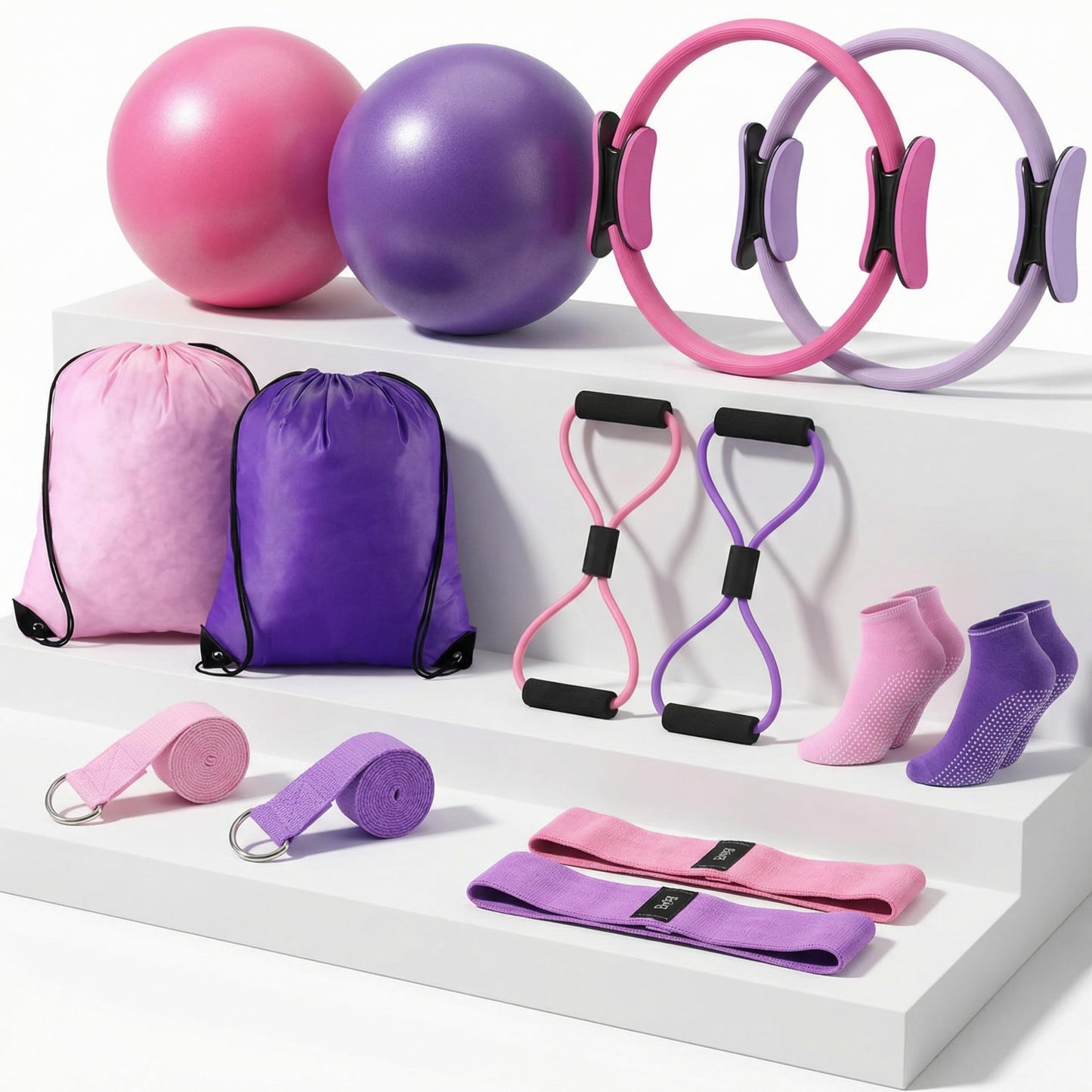 Poen 14 Pcs Pilates Equipment Kit for Home Workout Pilates Ring and Ball Set for Women 12'' Circle Yoga Fitness Essentials Kit with Resistance Bands, Yoga Strap, Socks,Bag (Purple,Pink)