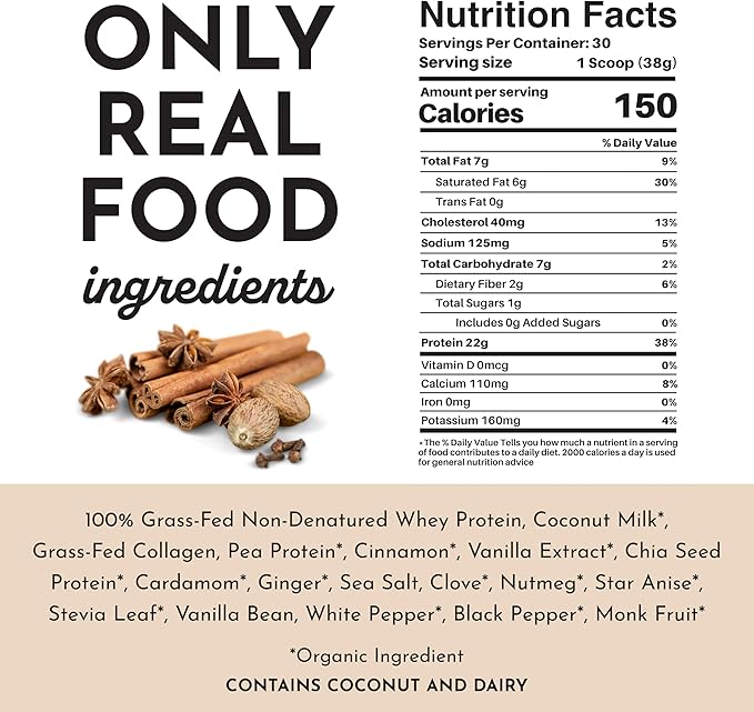 JUST INGREDIENTS Chai Protein Powder ??30-Serving Blend with 100% Grass-Fed Whey & Organic Plant Proteins ??Warm Spice Flavor with Cinnamon, Ginger & Cardamom ??Supports Muscle Recovery, Energy*
