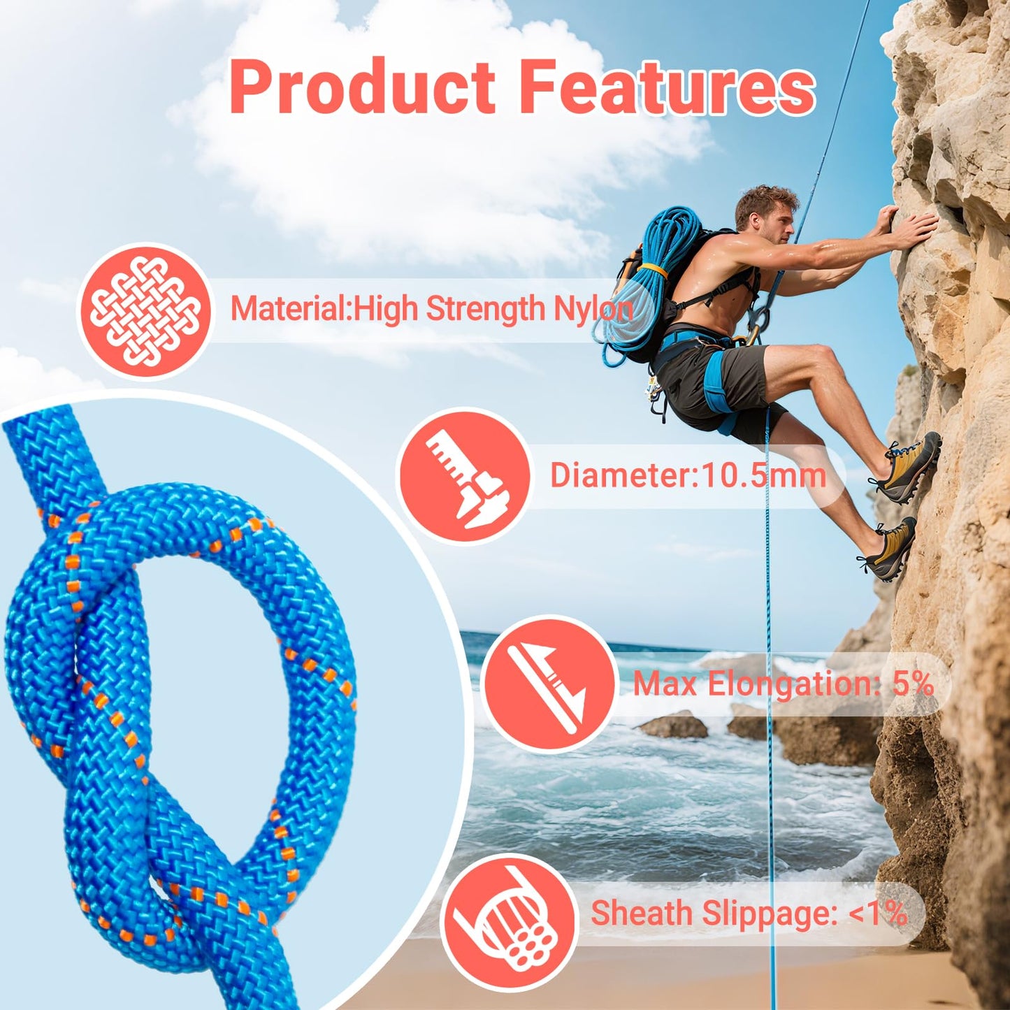 Brobantle 10.5mm Climbing Rope,32FT Static Rock Climbing Rope for Escape Rope Ice Climbing Equipment Fire Rescue Parachute