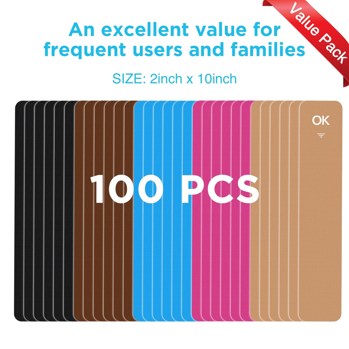 OK TAPE 100Pcs Precut Kinesiology Tape Strips, Elastic Athletic Tape for Joints Support & Muscle Pain Relief, Waterproof, Kinetic Tape for Shoulder, Knee, Ankle (5 Colors, 2 inch x 10 inch)