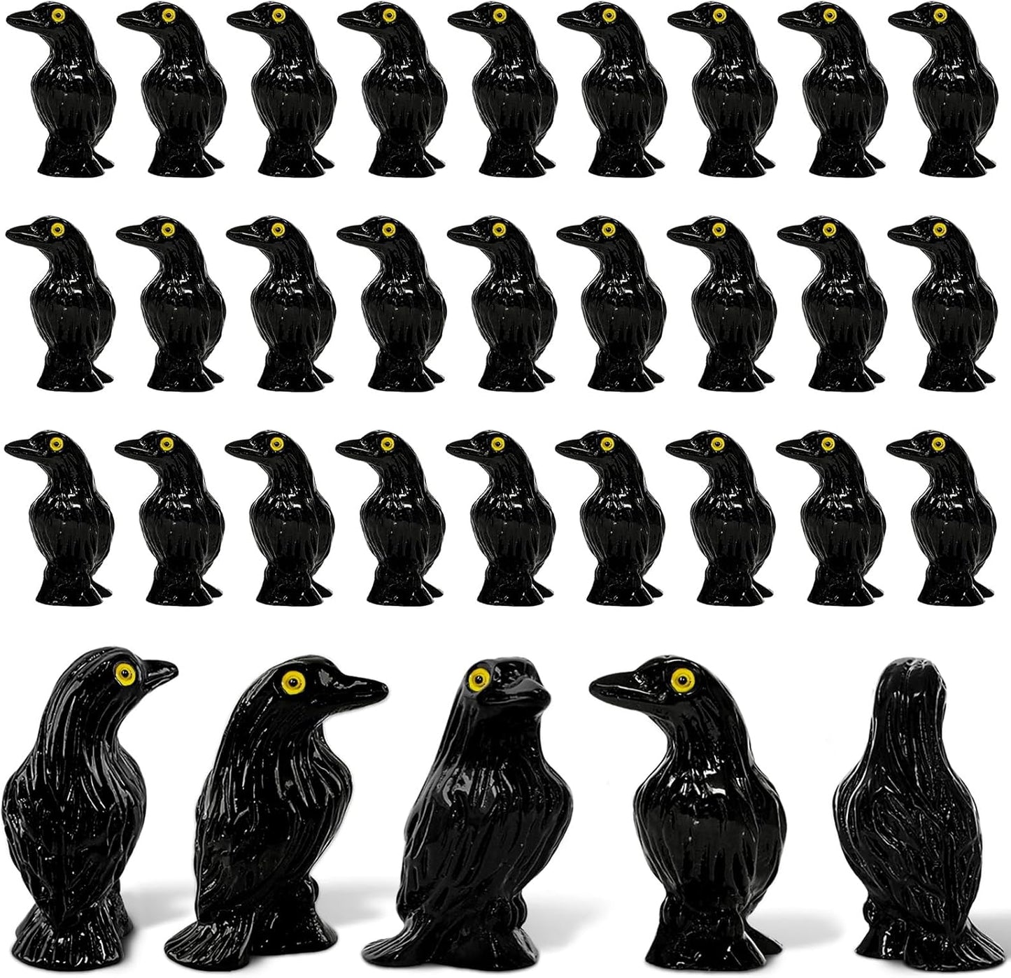Skiennix Miniature Crows Figures - 36pcs Tiny Black Raven Figurines for Halloween Decor & Cupcake Toppers