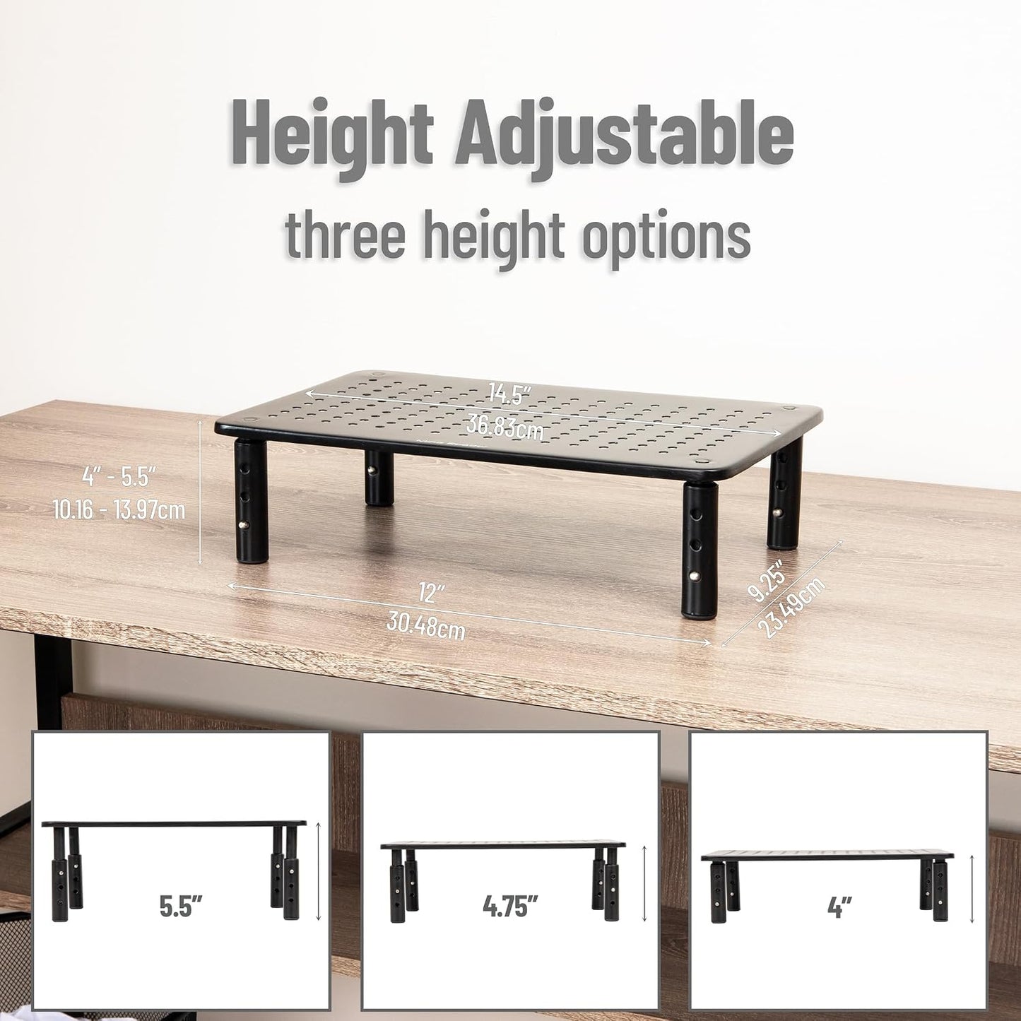 14.5"L 9.25"W 5.5"H, Mind Reader Monitor Stand, Height Adjustable, Ventilated Laptop Riser, Office, Metal, x x Black