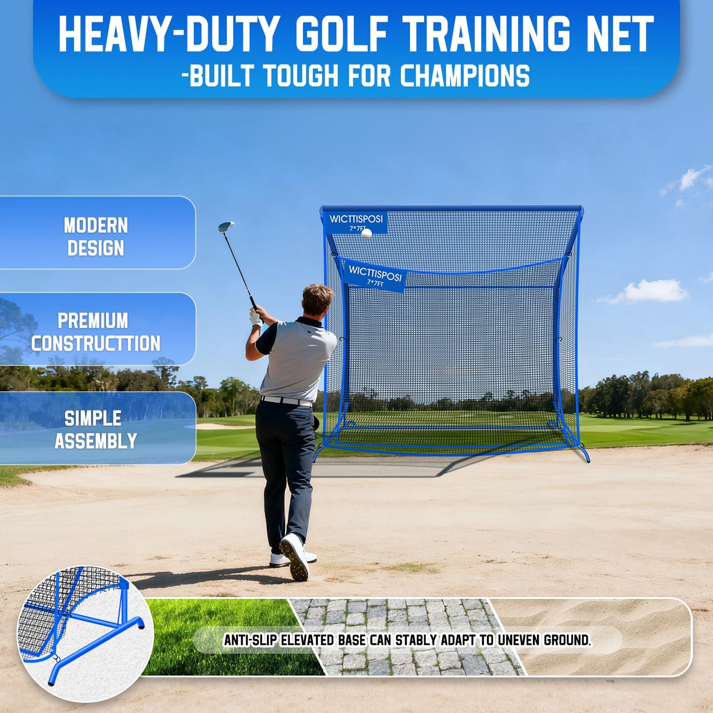 Golf Hitting Net with Extra Striking Net, 7x7ft Heavy Duty Golf Practice Net for Golfers Backyard Driving Swing, Golf Impact Net Cage Metal Frame with Storage Bag and Elevated Base, Indoor Outdoor Use