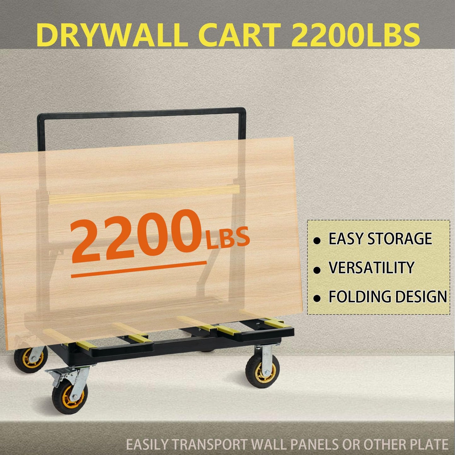 VisHomeYard Folding Drywall Cart, 2200LBS Load Capacity, Sheetrock Dolly, Drywall Cart, Plywood cart, Dolly with Rubber Swivel Casters