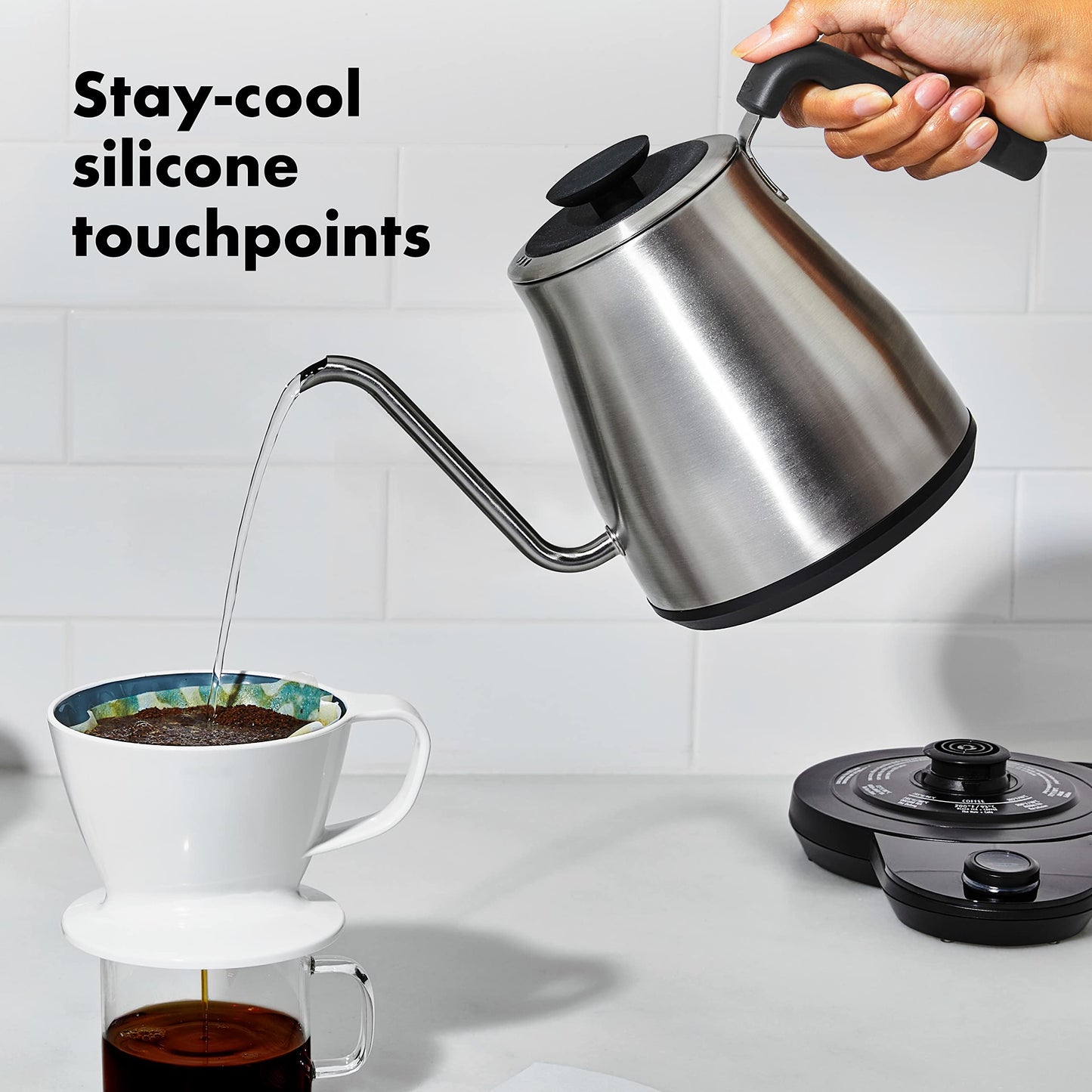 OXO Brew Adjustable Temperature Pour Over Kettle, 1 L, Gooseneck Electric Kettle, Stainless Steel with Timer