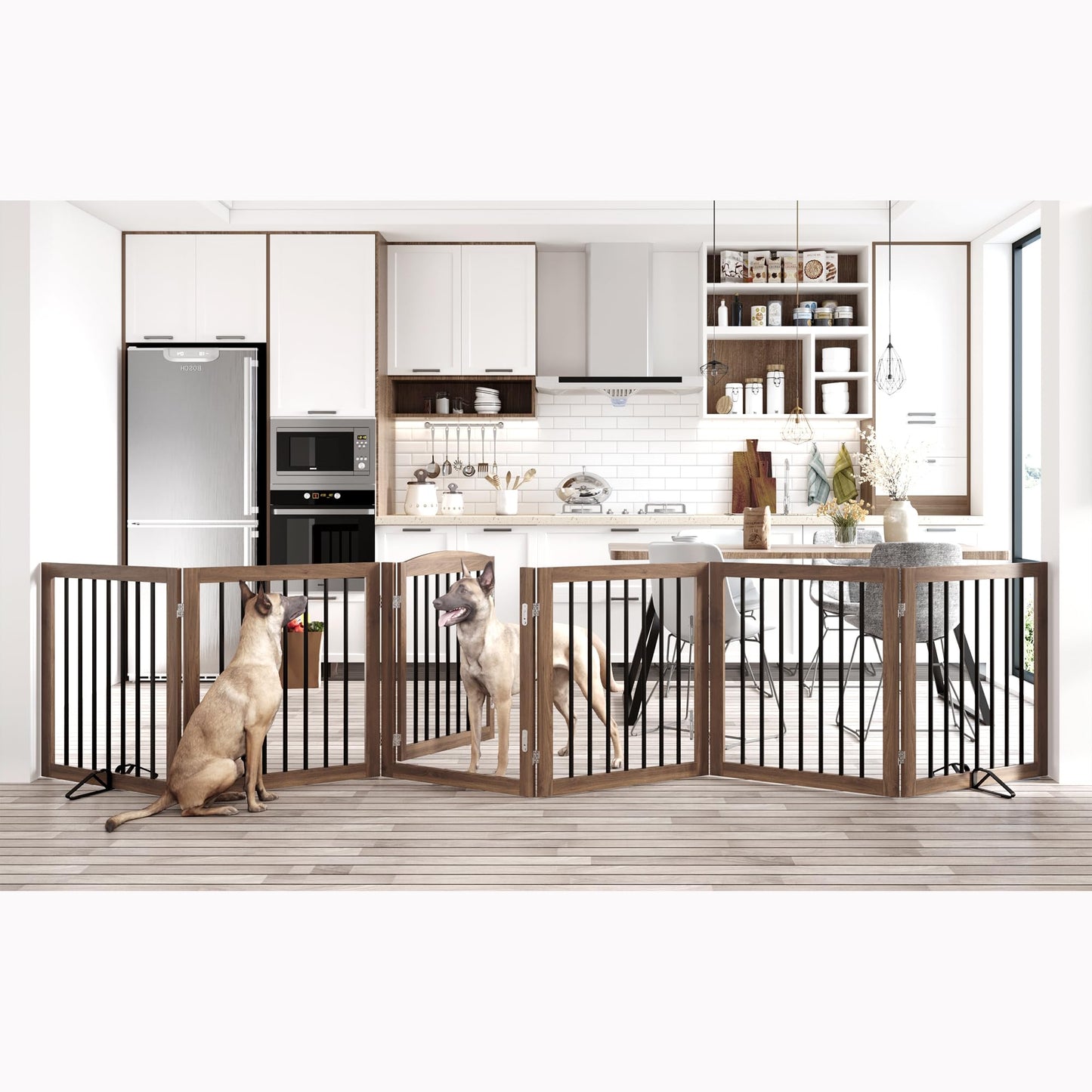 Vantas Folding Pet Gate 144" Wide, 30" Tall No-Assembly Wooden Dog Gate with Door Walk Through, Freestanding Puppy Safety Fence, with 2PCS Support - Brown