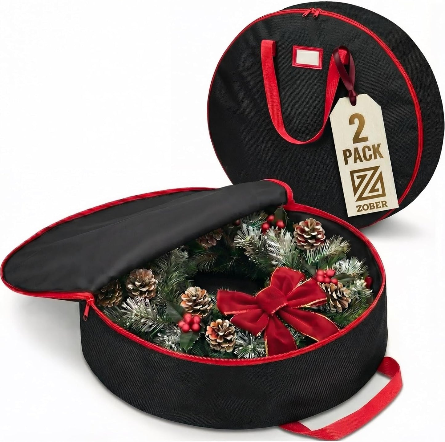 ZOBER Oxford Christmas Wreath Storage Container - 48 Inch Waterproof Bag with Dual Zippers & Durable Handles - Black