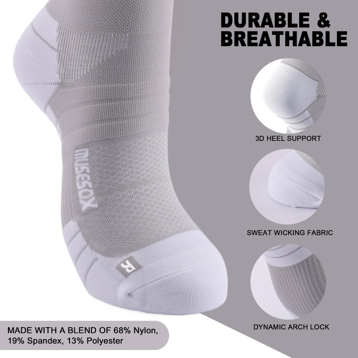 musesox Compression Socks for Women and Men,Knee High 15-20mmHg Graduated Support(3 Pairs) for Nurses,Travel,Black,Medium