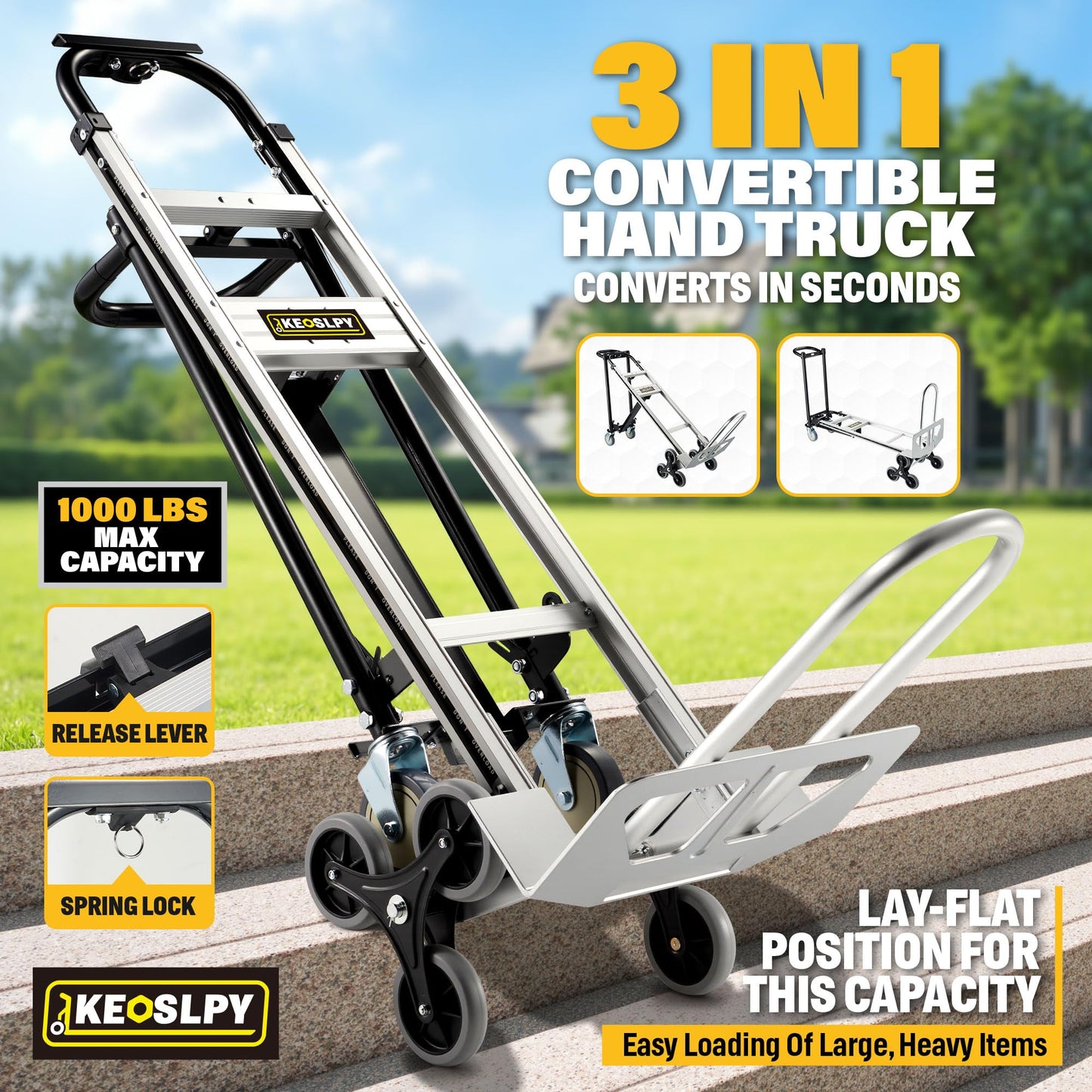 Keoslpy CSHT-2243B 3 in 1 Industrial Convertible Aluminum Hand Truck Dolly Cart, 1000 LBS Capacity, Heavy Duty Stair Climbing Utility Trolley Platform Cart with Wheels for Transport & Moving