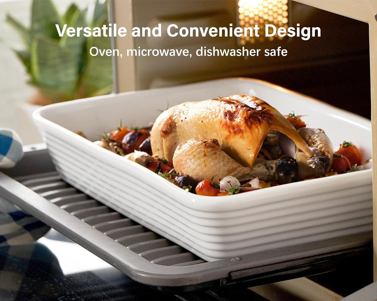 ONEMORE Ceramic Baking Dish - 9x13 Large Rectangular Casserole Pan for Lasagna & Family Meals - Ribbed White Bakeware