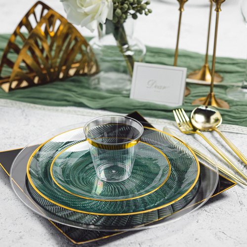 N9R 180 PCS Disposable Dinnerware Set with Gold Rim for 30 Guests,Green Plastic Plates Include 30 Dinner Plate, 30 Dessert Plates, 30 Cups, 90 Heavy Duty Gold Plastic Silverware for Party & Wedding