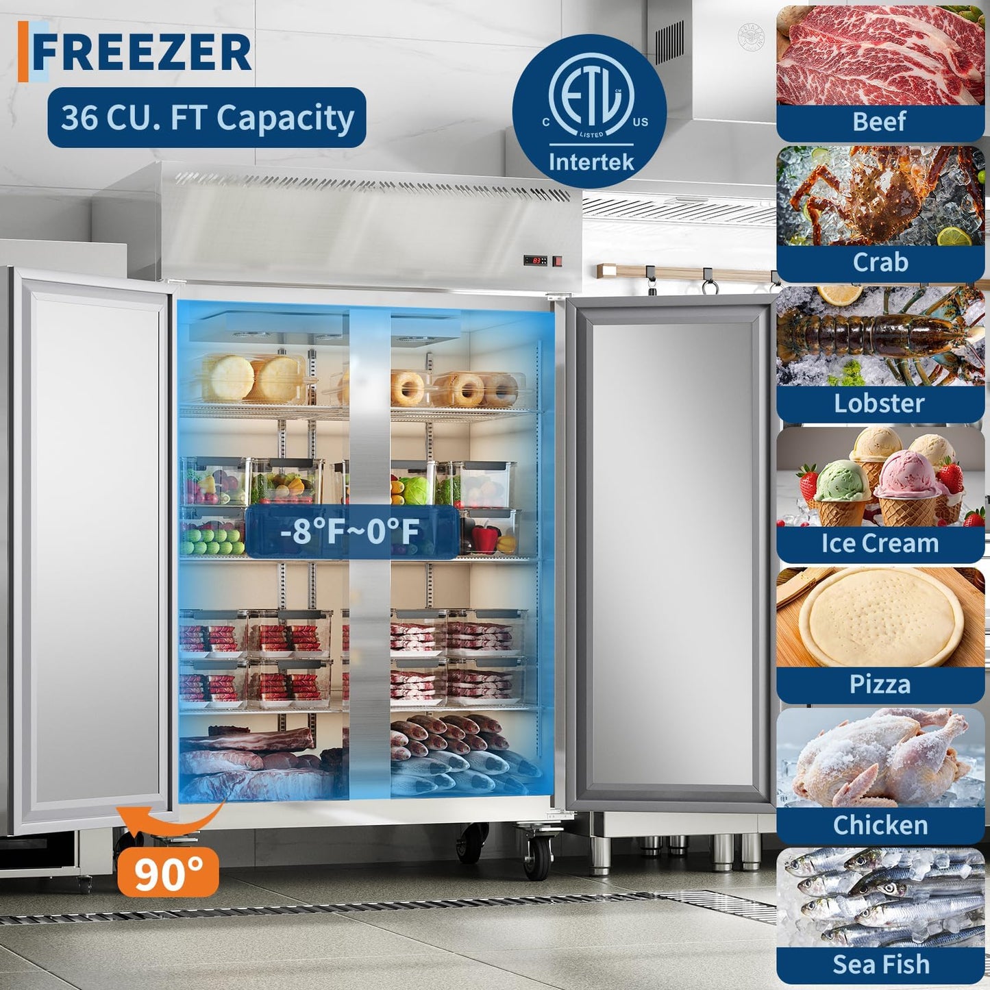 48-Inch Commercial Upright Freezer, 36 Cu. Ft. Stainless Steel Reach-In Deep Freezer with 2 Solid Doors, Digital Temp Control (-8°F to 0°F), Auto Defrost & 6 Shelves for Restaurant, Cafe & Kitchen