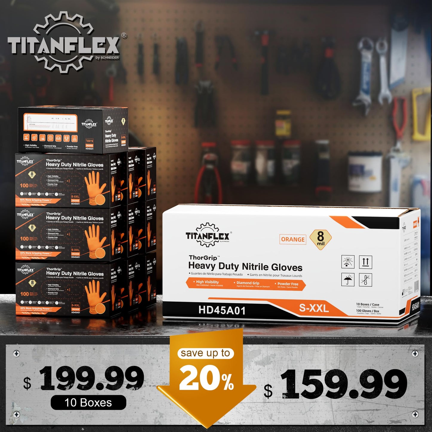 TitanFlex Heavy Duty Industrial Orange Nitrile Gloves, 8-mil, Gloves Disposable Latex Free with Raised Diamond Texture Grip, Powder Free, Rubber Glove, Mechanic Gloves,1000-ct Case (Large)