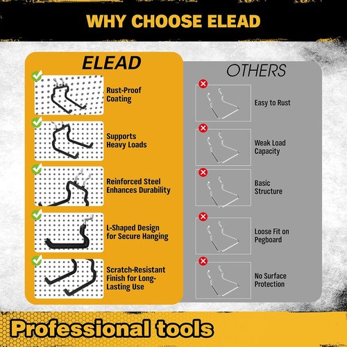 ELEAD 4-Piece Pegboard Hooks - Durable Organizer Accessories for 1/4" Pegboard | Ideal for Garage & Kitchen