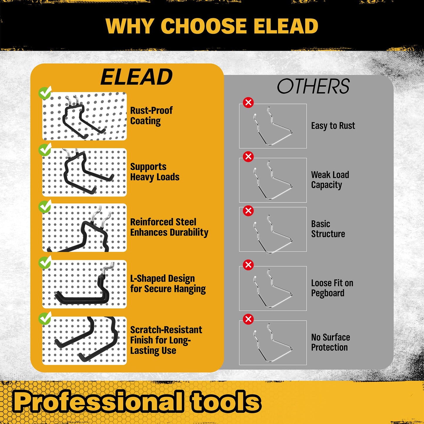 ELEAD 4-Piece Flat Pegboard Hooks, Peg Board Organizer Accessories for Hanging, Fit 1/4" Pegboard, Peg Board Tool Hangers for Garage Kitchen Workbench