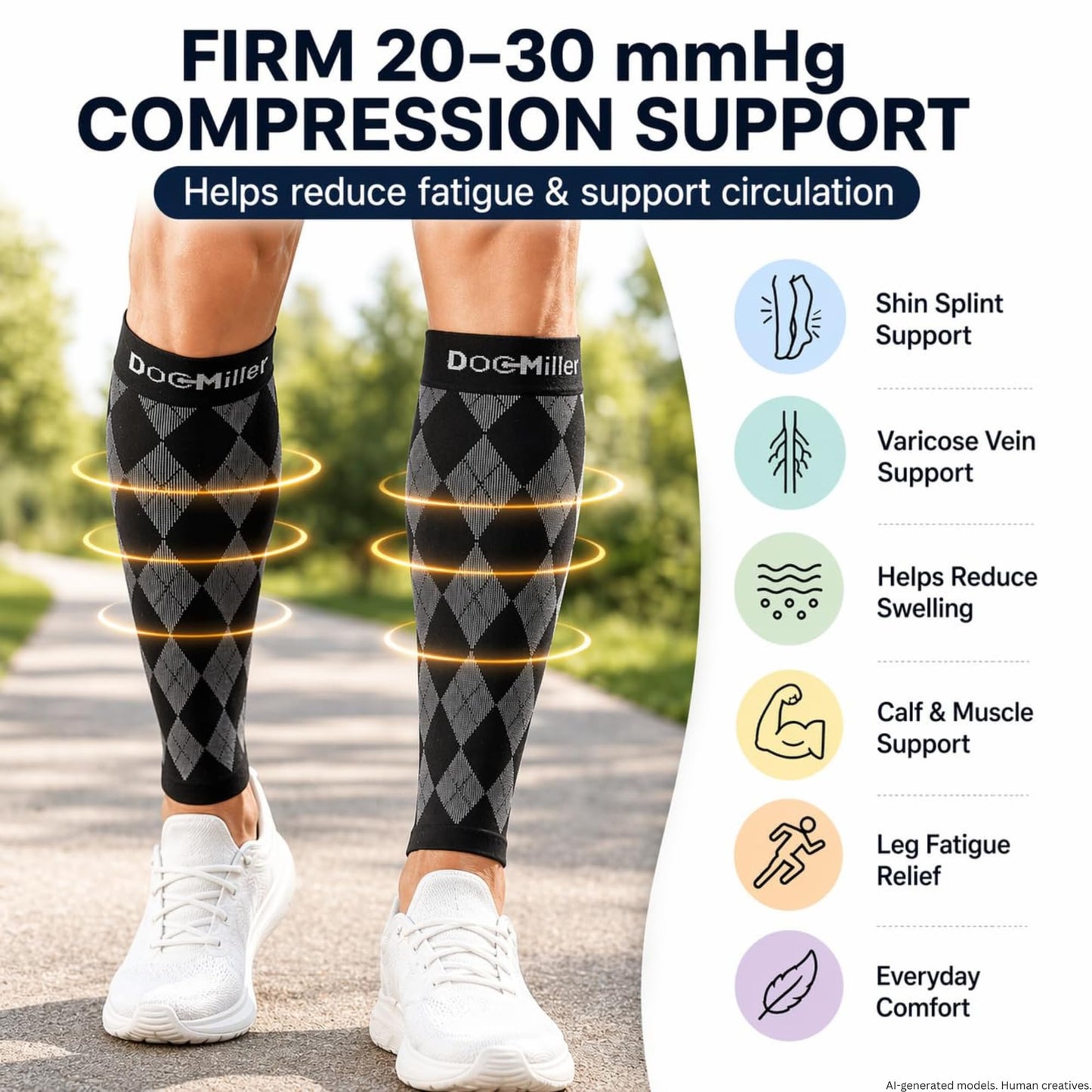 Doc Miller Calf Compression Sleeve 20–30 mmHg – Footless Socks for Circulation, Calf Support, Leg Pain Relief, Shin Splints & Varicose Veins, Men & Women, Running, Nurses, Travel (Argyle, 1 Pair)