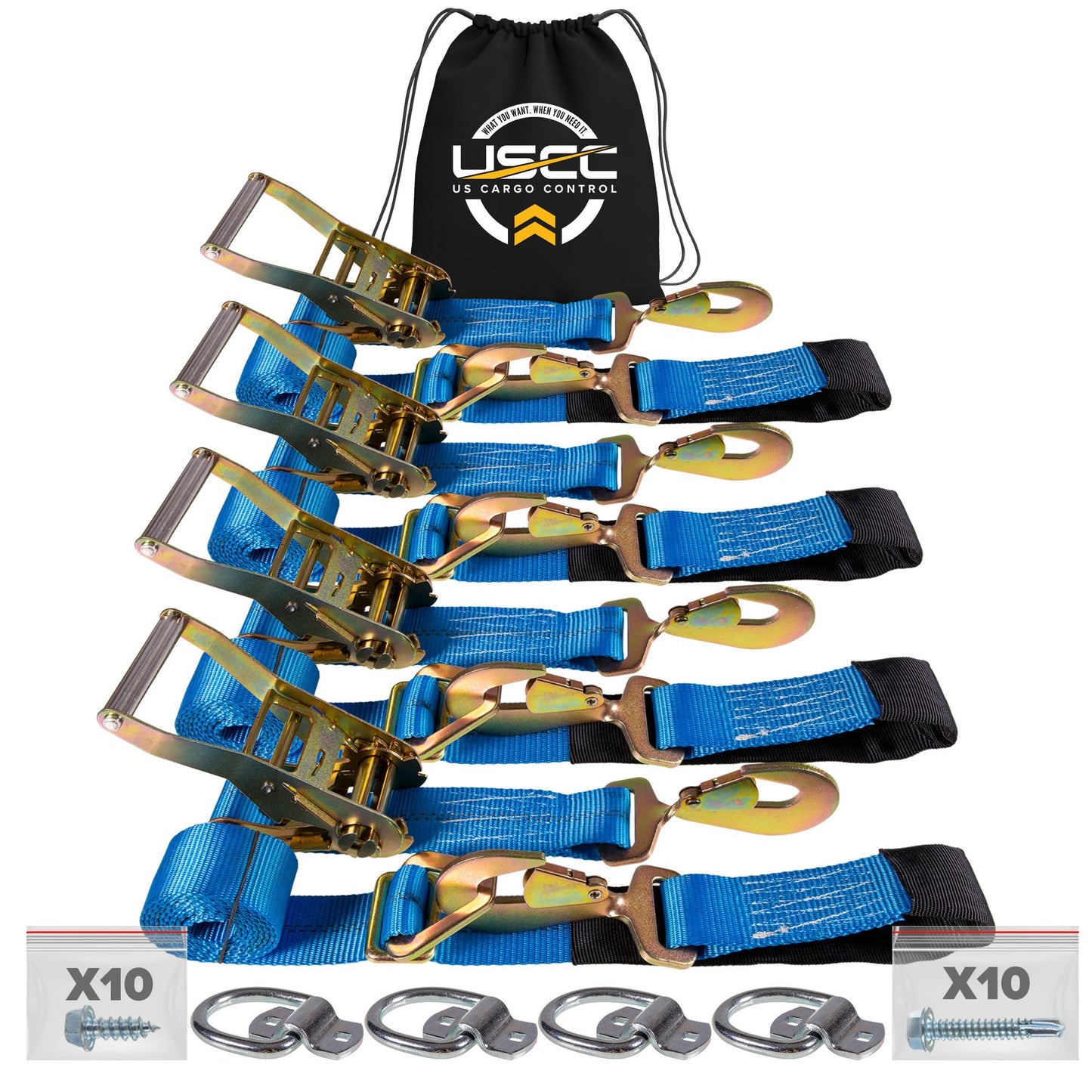 US Cargo Control Car Tie Down Straps for Trailers Kit - (4) 2" x 8' Twisted Snap Hook Ratchet Straps with Axle Straps, (4) 2 5/16" D-Ring Tie Downs with Mounting Brackets, & Fasteners