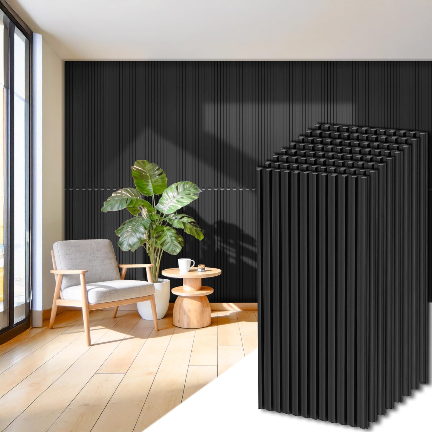RITOLLO 8-Pack PVC Slat Wall Panels for Interior Wall Decor, 24x48in 3D Fluted Panels, 2x4 FT Cuttable Drop Ceiling Tiles for Bathroom, Studio and TV Background, Water-Proof & Renter-Friendly(Black)