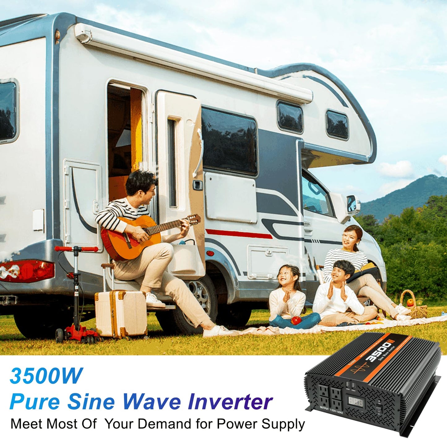 TVNIKD 3500W Pure Sine Wave Inverter 12V to 120V with 4 Power Outlets for RV Solar Power
